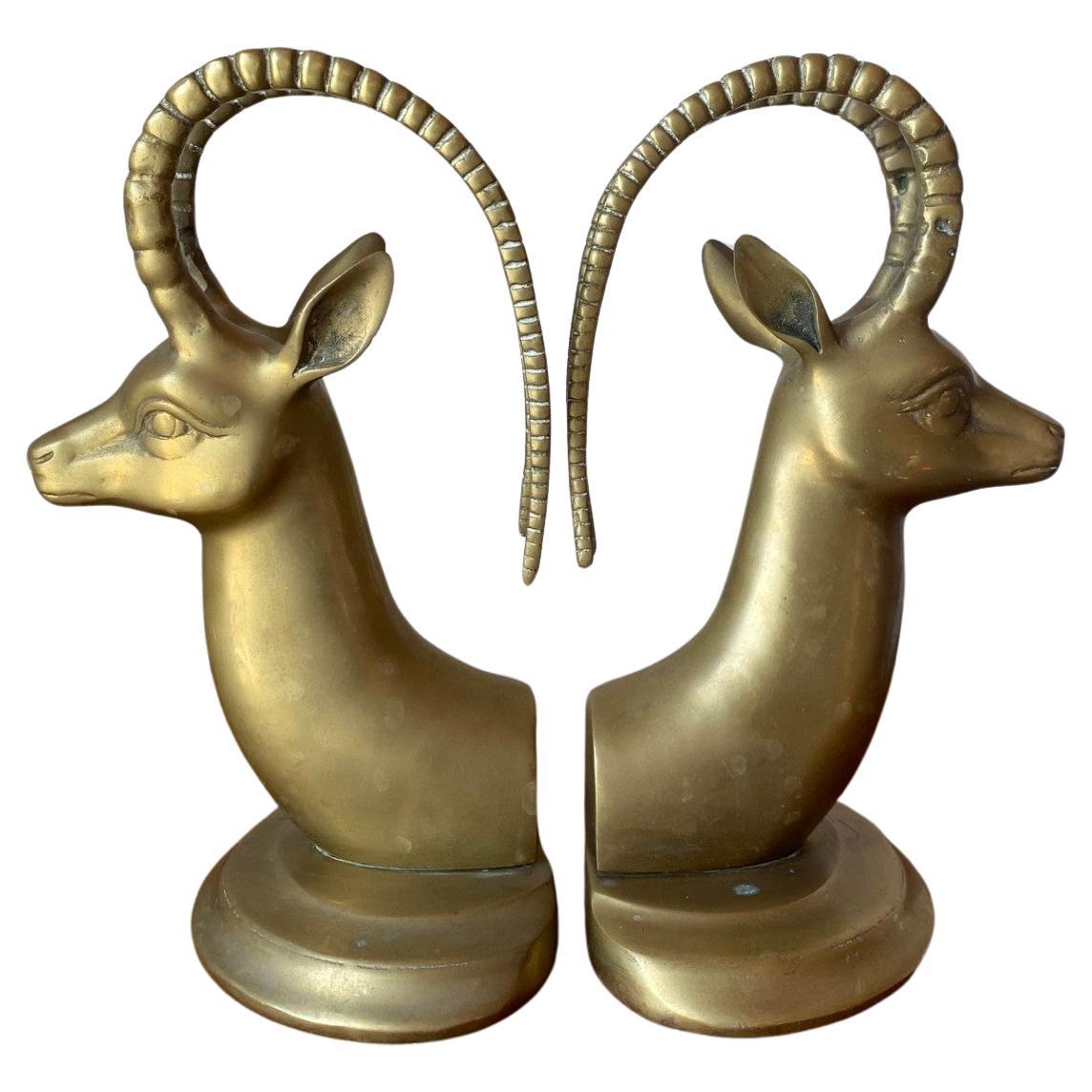 Mid Century Large Vintage Pair Brass Ibex Bookends For Sale