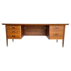 Mid-Century Large Walnut Executive Desk with Brass Hardware and Woven Back