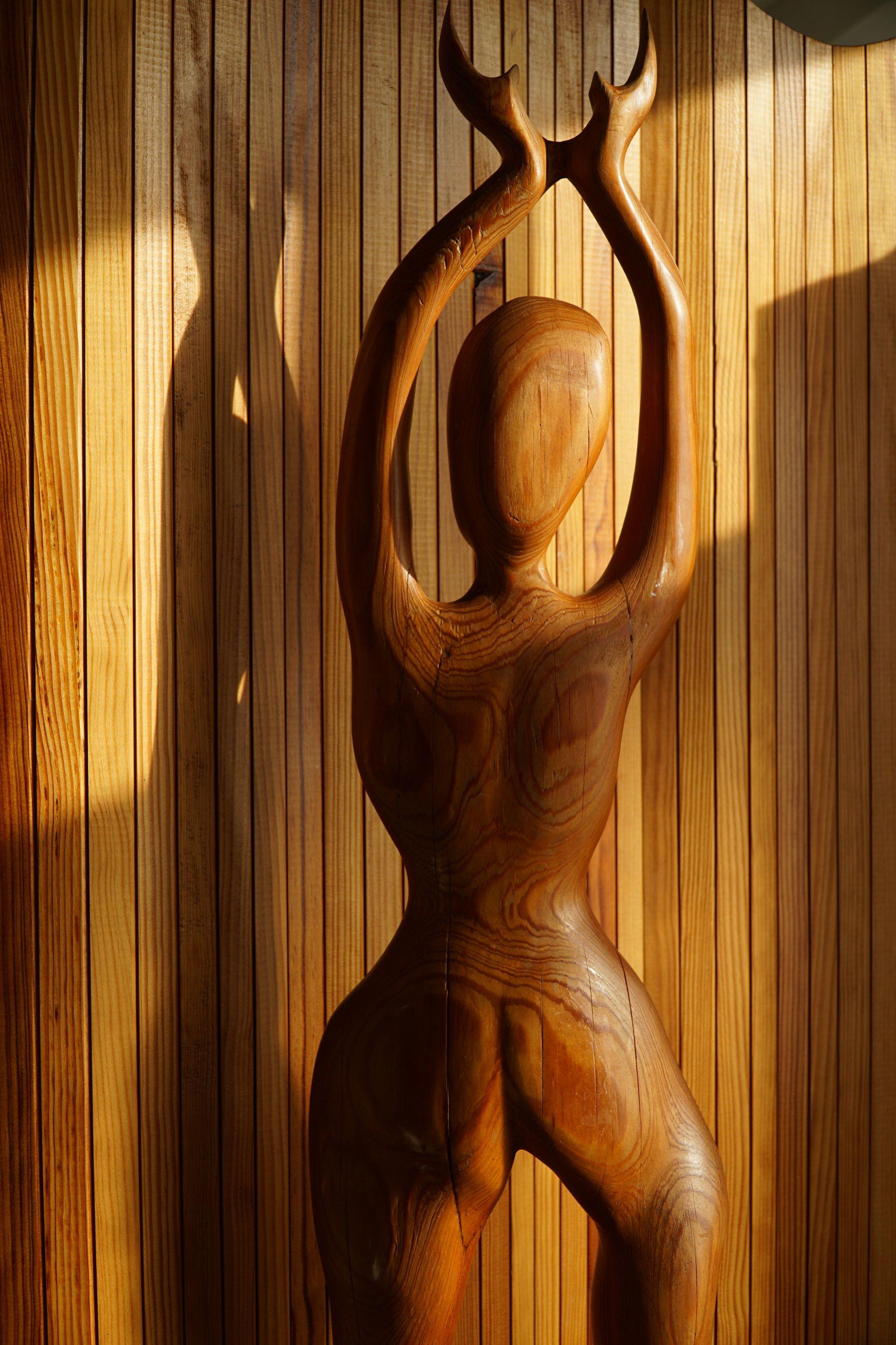 Mid-Century Modern Danish Mid Century Large Wooden Sculpture in Oregon Pine of Man and Woman, 1960s