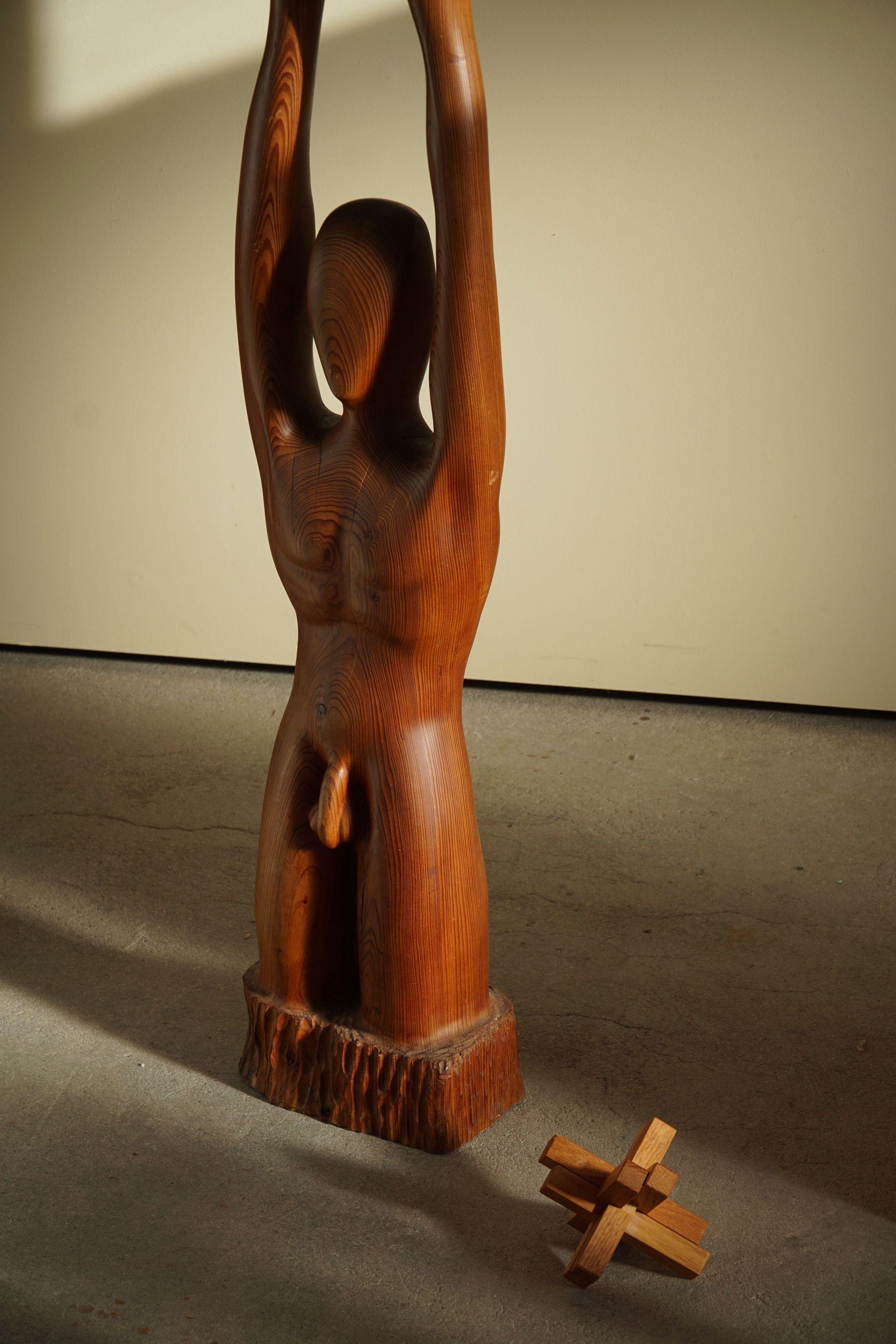 Hand-Carved Danish Mid Century Large Wooden Sculpture in Oregon Pine of Man and Woman, 1960s