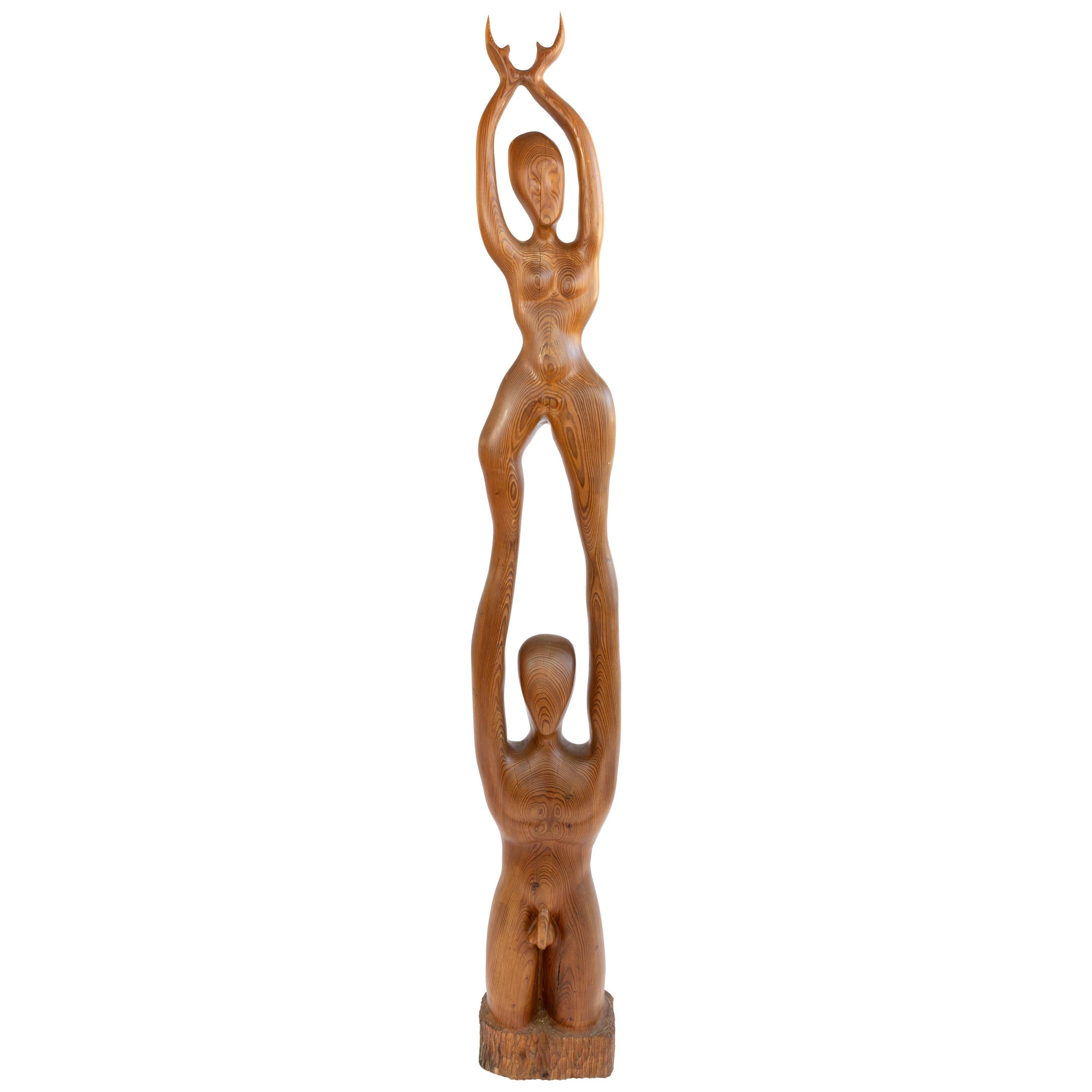 Danish Mid Century Large Wooden Sculpture in Oregon Pine of Man and Woman, 1960s