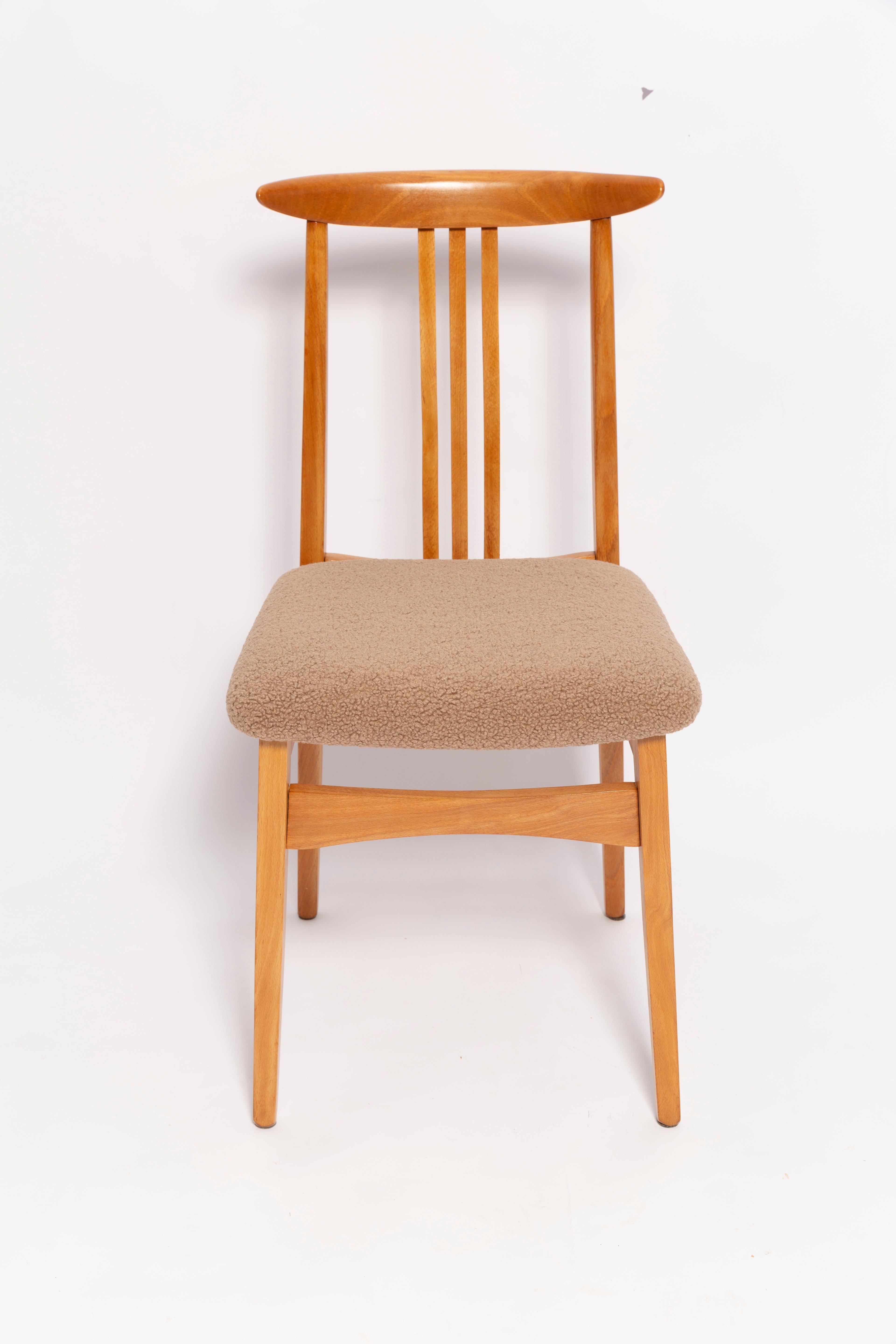 Hand-Crafted Mid-Century Latte Boucle Chair, Light Wood, M. Zielinski, Europe 1960s For Sale