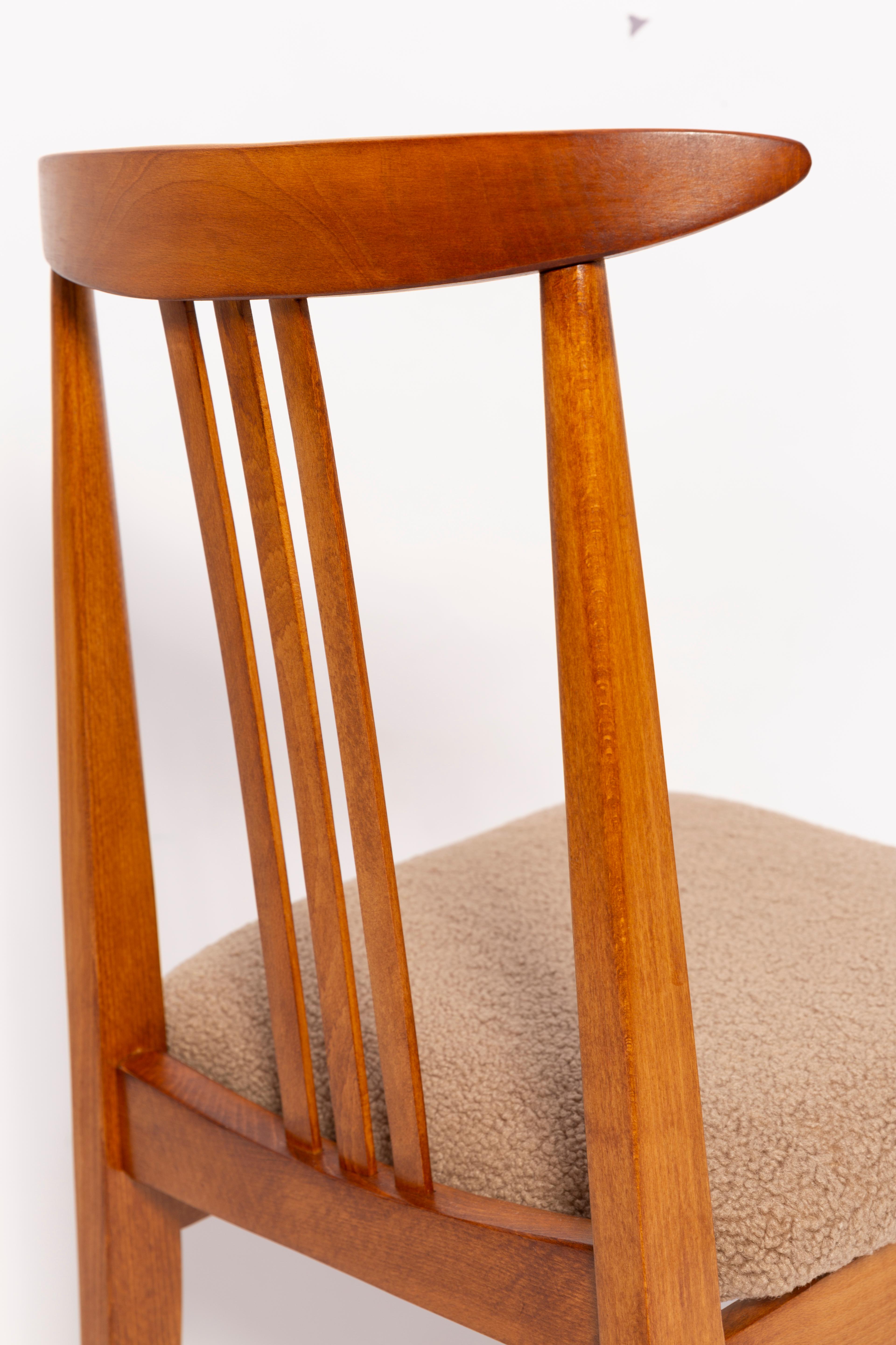 Hand-Crafted Mid-Century Latte Boucle Chair, Medium Wood, M. Zielinski, Europe 1960s For Sale