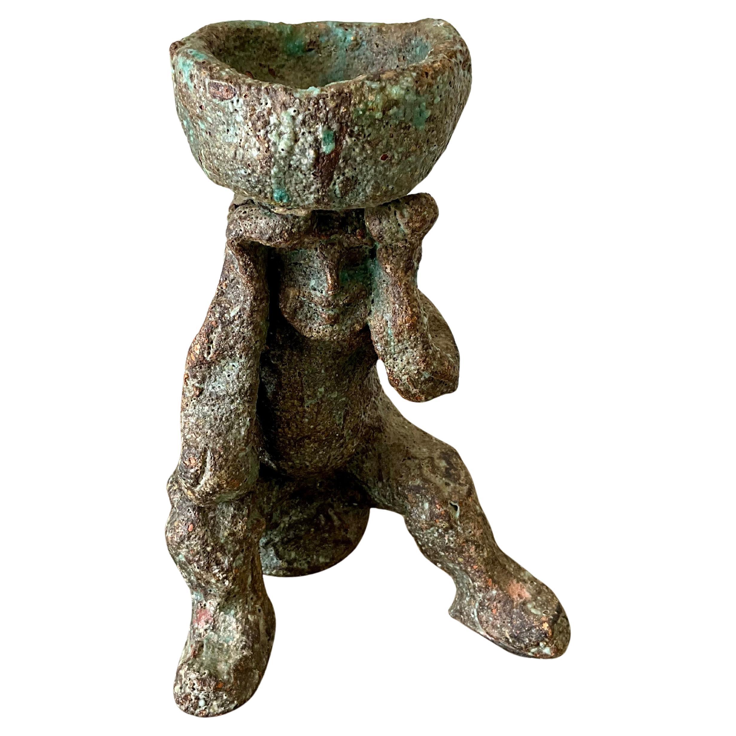 Mid-Century Lava Glaze Figural Pottery Sculpture with Bowl Form For Sale
