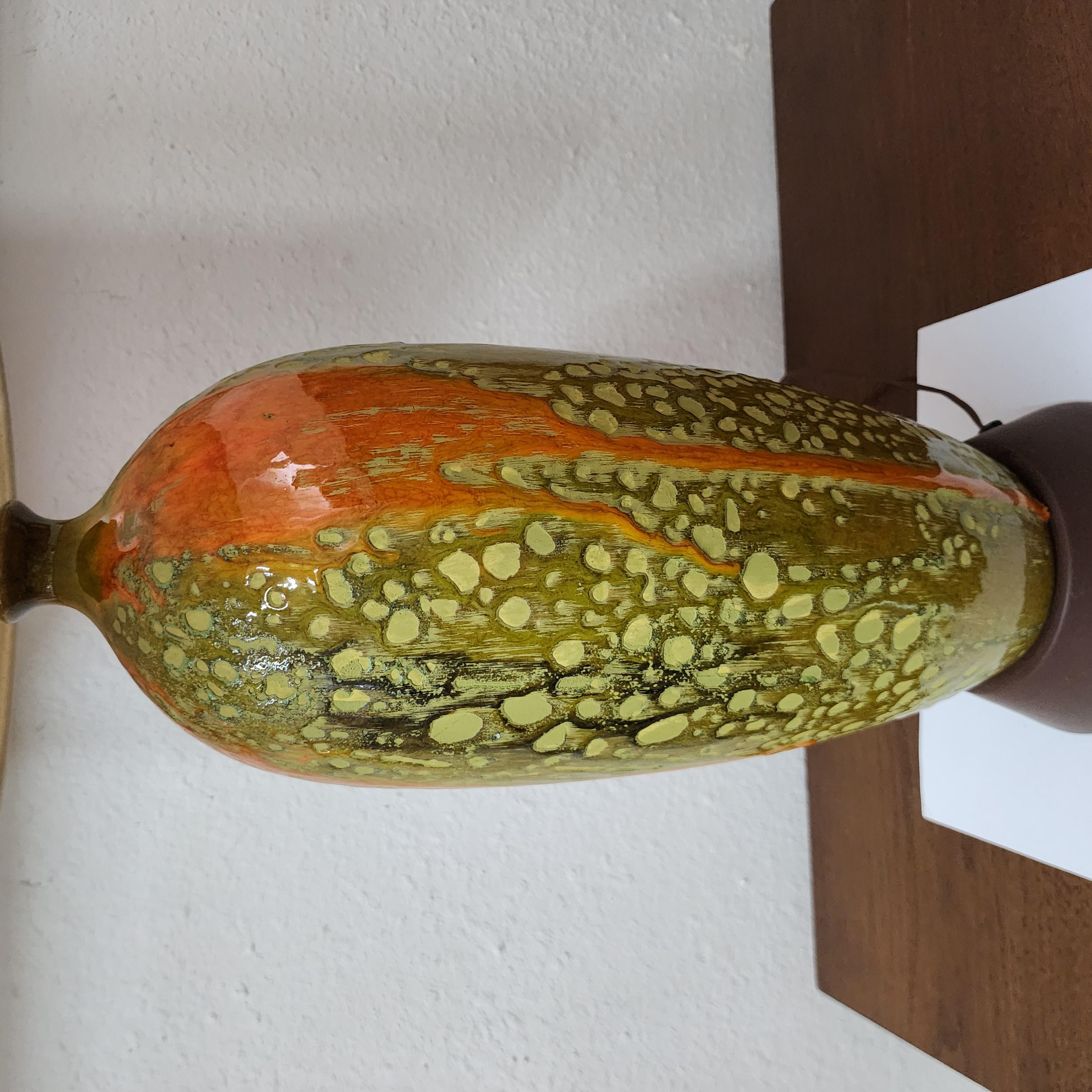 Mid-Century Lava Glazed Ceramic Lamp with Shades of Green and Orange 12