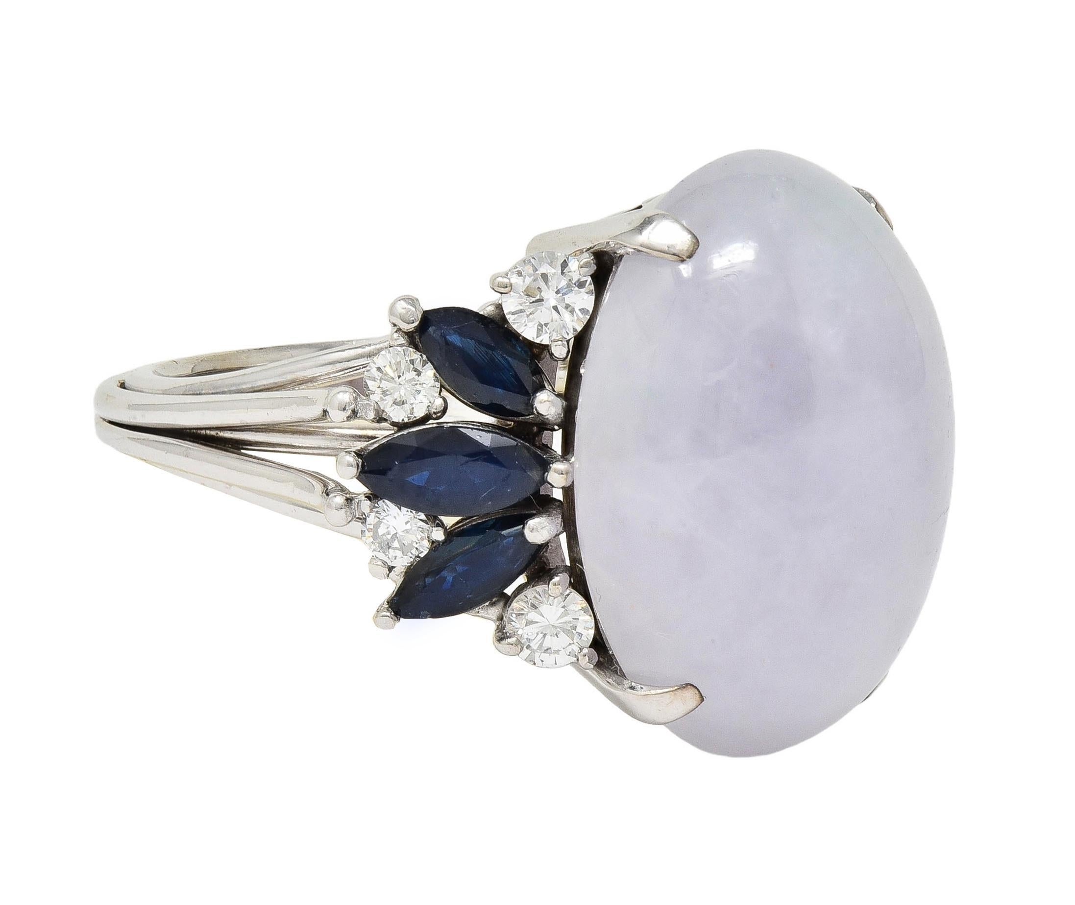 Cabochon Mid-Century Lavender Jade Sapphire Diamond 14 Karat White Gold Vintage Ring