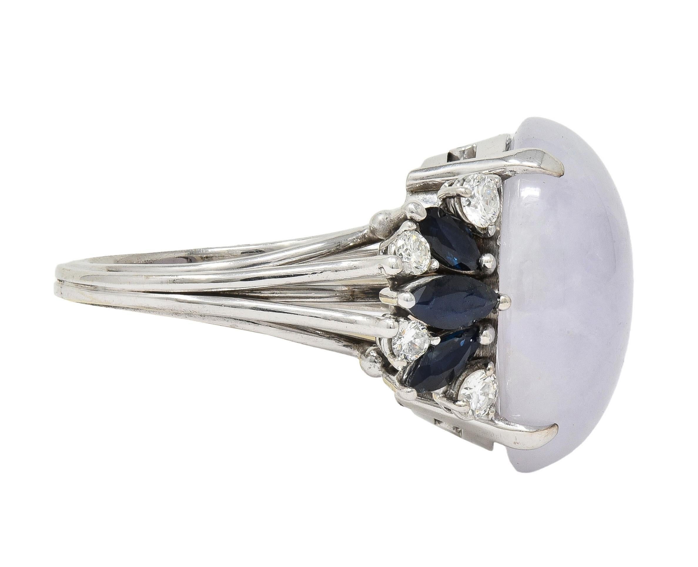 Mid-Century Lavender Jade Sapphire Diamond 14 Karat White Gold Vintage Ring In Excellent Condition In Philadelphia, PA