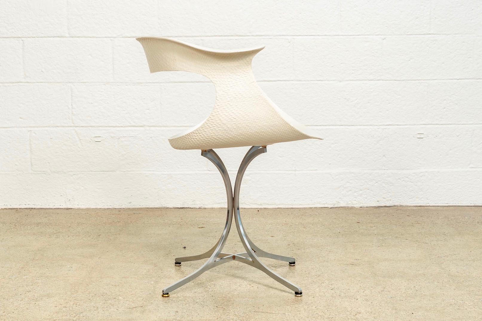 American Midcentury Laverne White Fiberglass and Chrome Lotus Armchair, 1950s For Sale