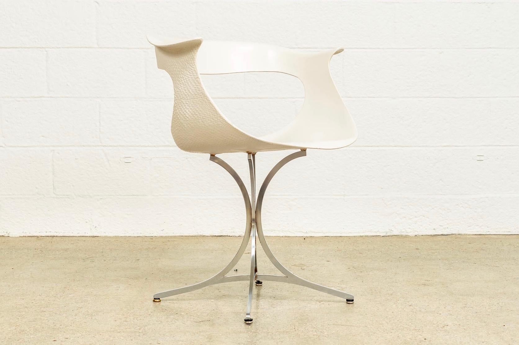 Steel Midcentury Laverne White Fiberglass and Chrome Lotus Armchair, 1950s For Sale