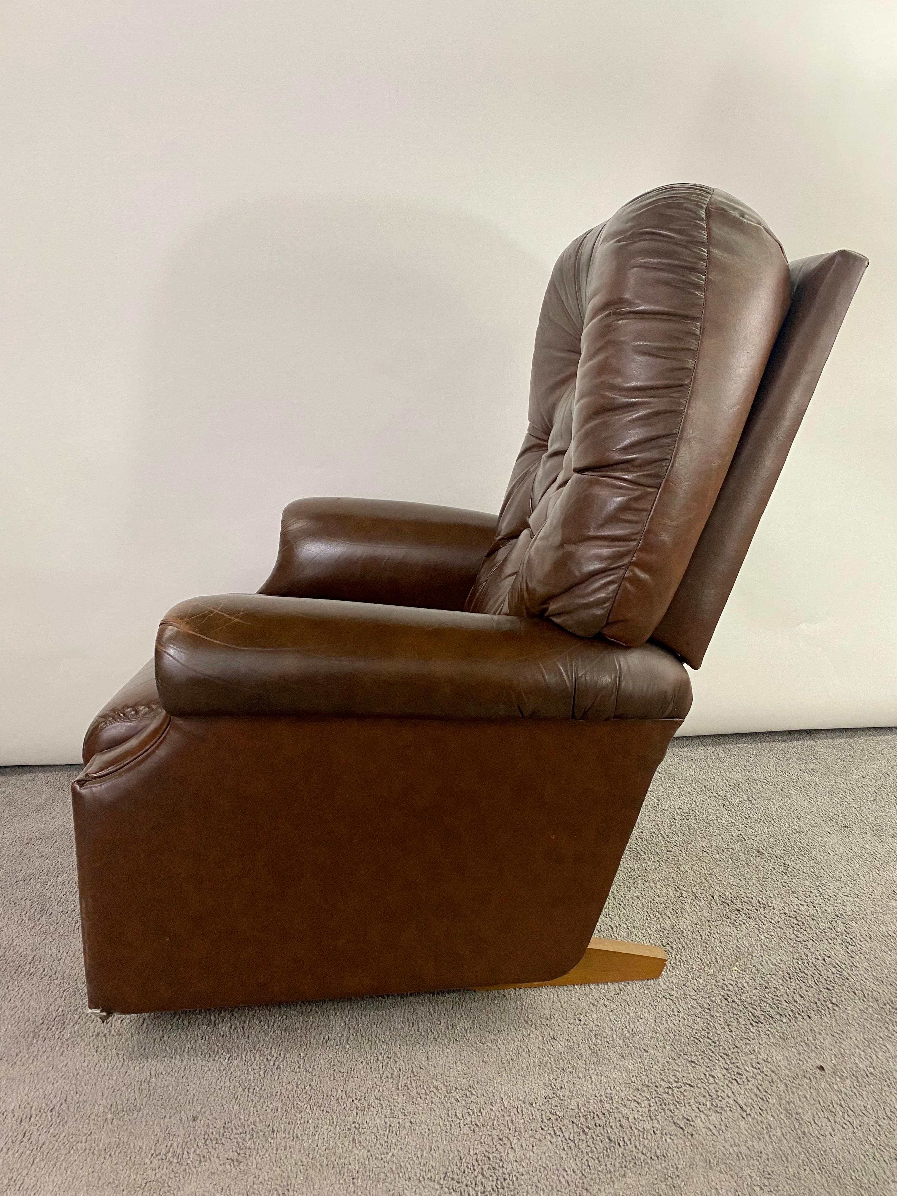 American Mid-Century Brown Leather Tufted Reclining Club Chair  For Sale