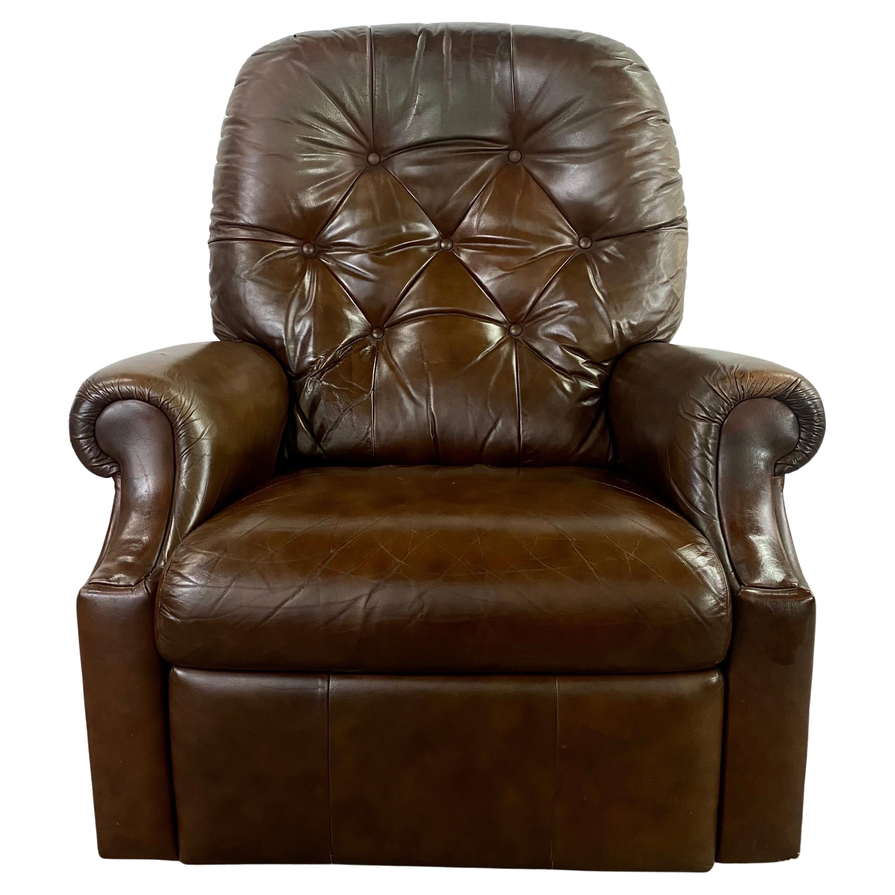 Mid-Century Brown Leather Tufted Reclining Club Chair  For Sale