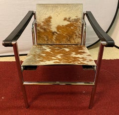 Pair of Mid-Century Le Corbusier Style Arm/Lounge Chairs, Chrome, Leather