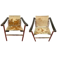 Pair of Mid-Century Le Corbusier Style Arm/Lounge Chairs, Chrome, Leather