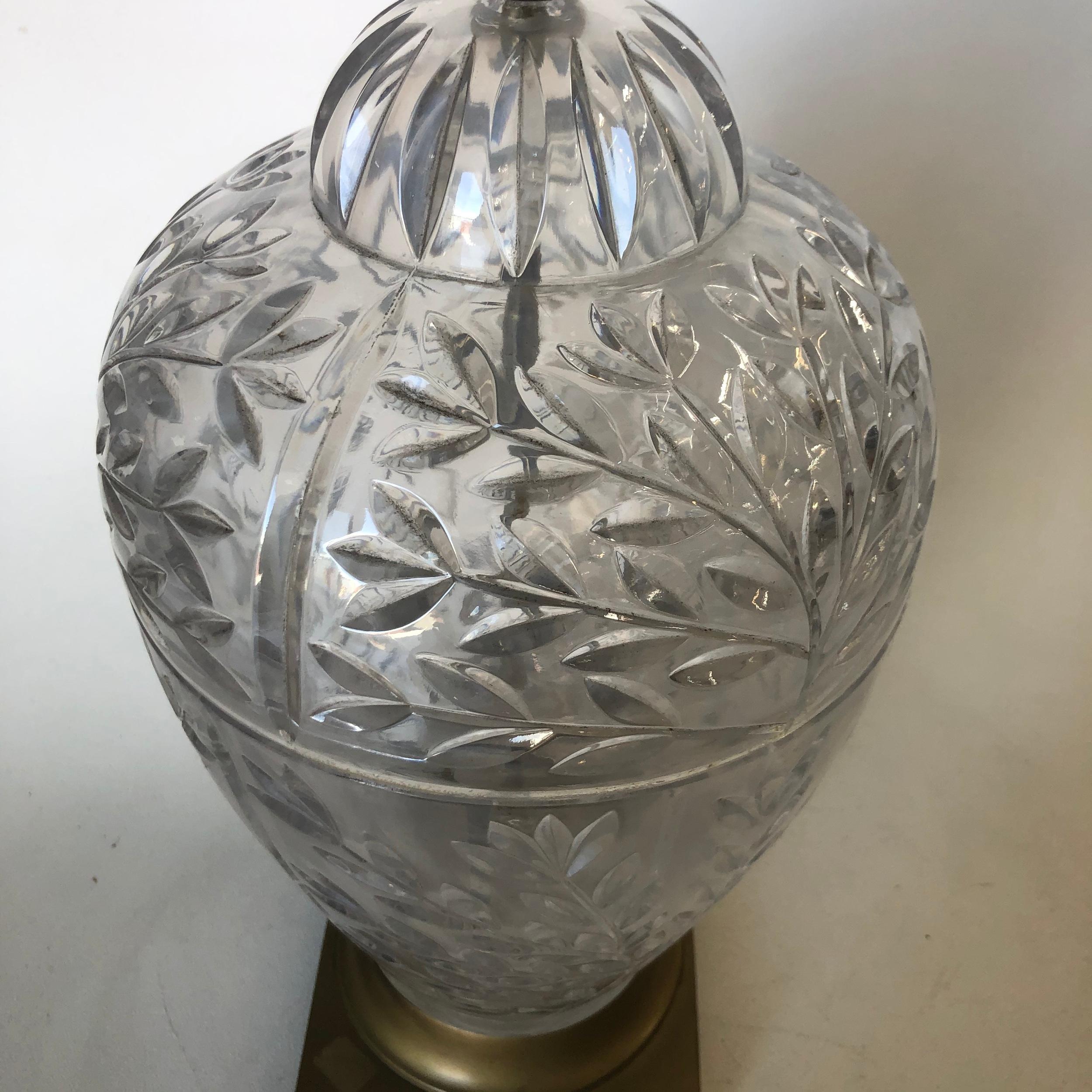 Mid-20th Century Midcentury Leaf Motif Cut Crystal Table Lamp with Brass Hardware For Sale