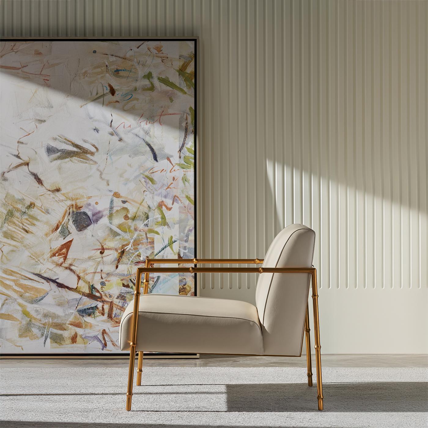 A masterpiece of design that combines the best of mid-century aesthetics with modern luxury. This chair is a true statement piece, offering both visual appeal and exceptional comfort.

The chair features graceful faux bois arms that create a light