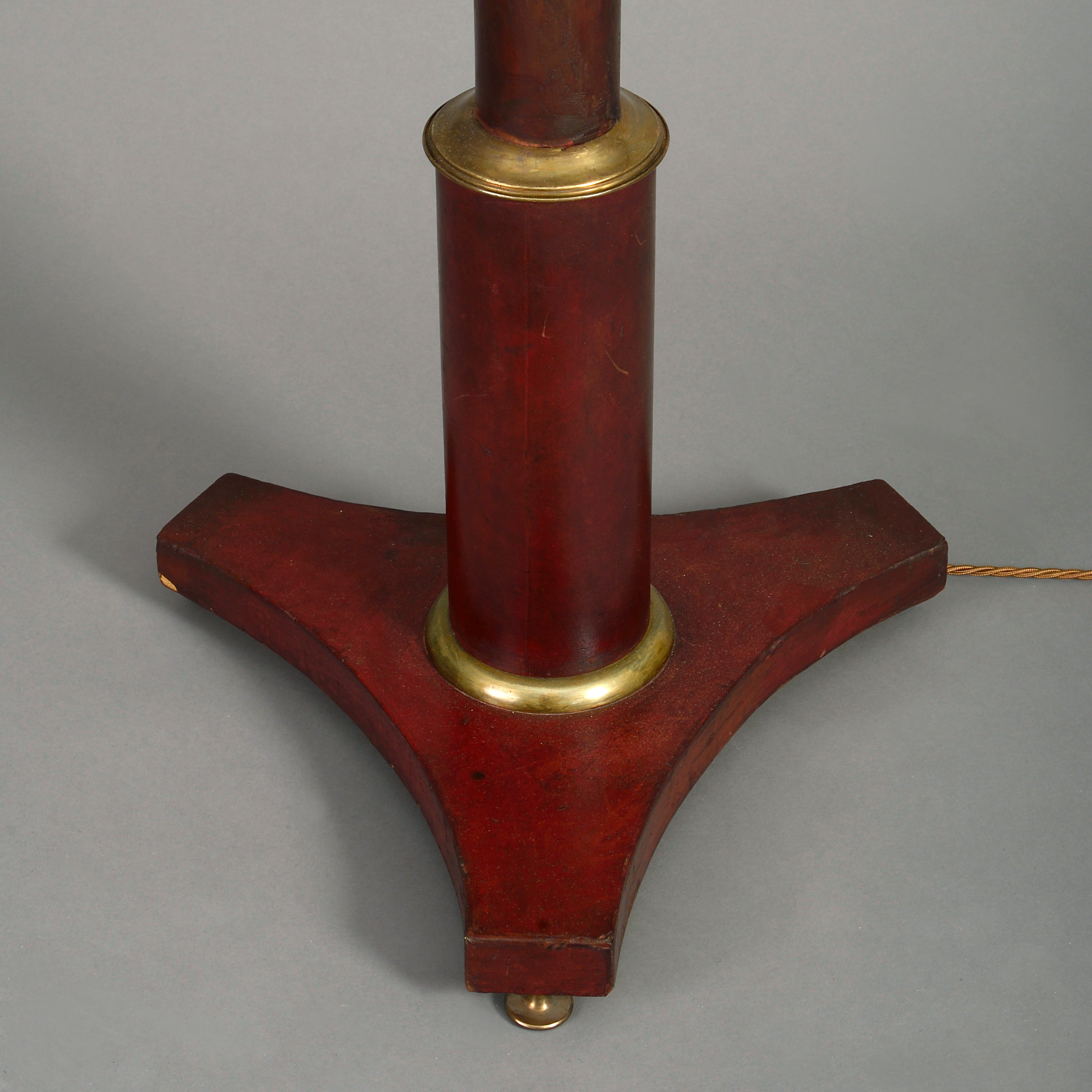 French Midcentury Leather and Brass Standard Lamp
