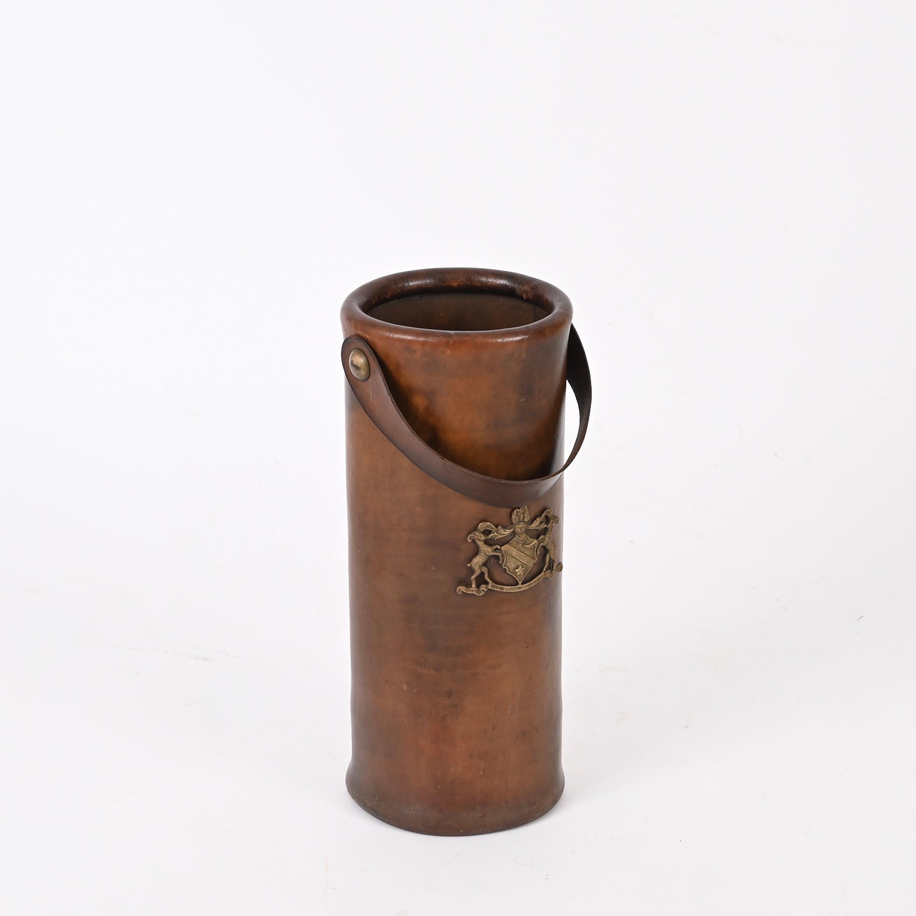 Mid-Century Leather and Brass Umbrella or Walking Stick Stand,  Italy 1950s 3