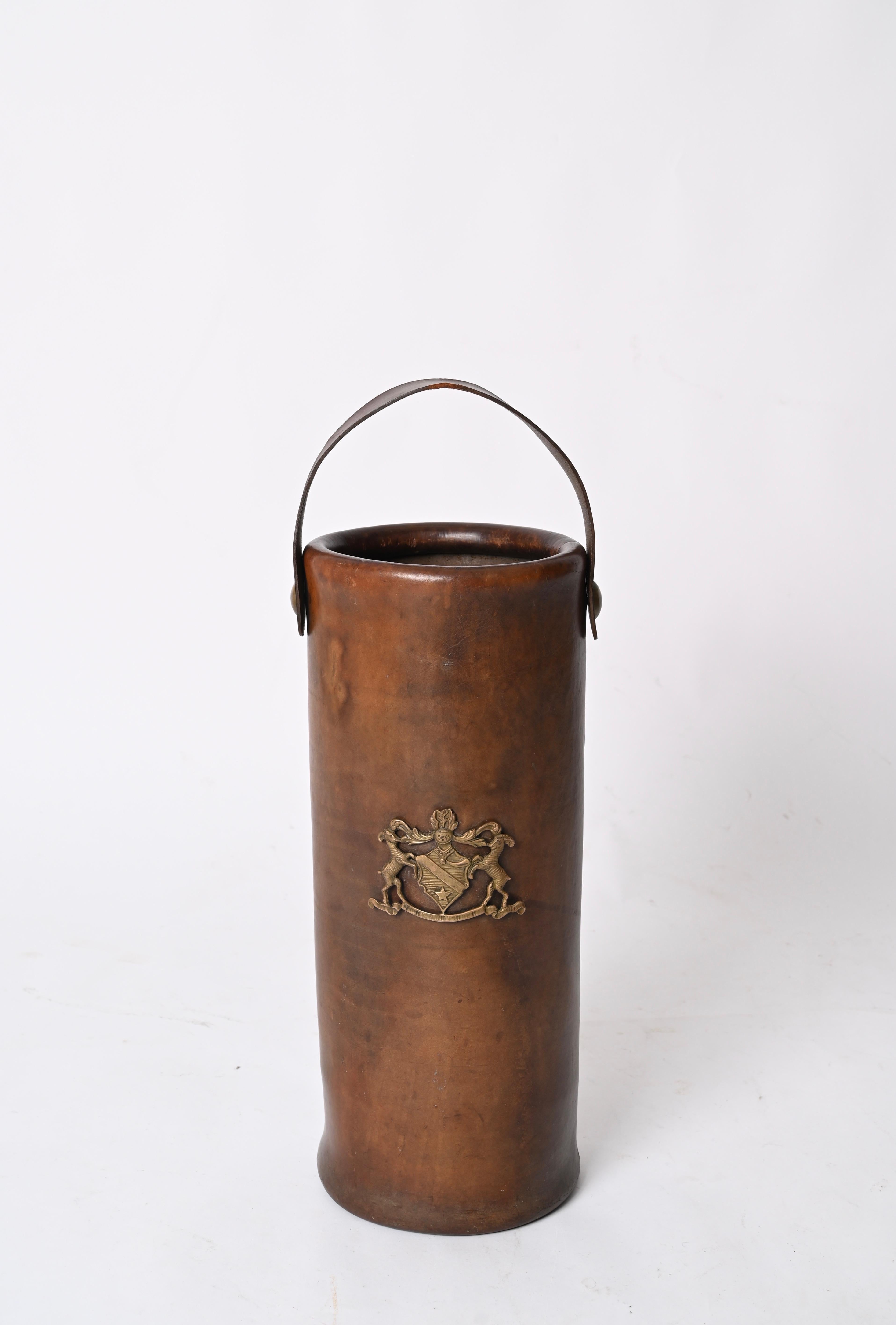 Mid-Century Modern Mid-Century Leather and Brass Umbrella or Walking Stick Stand,  Italy 1950s
