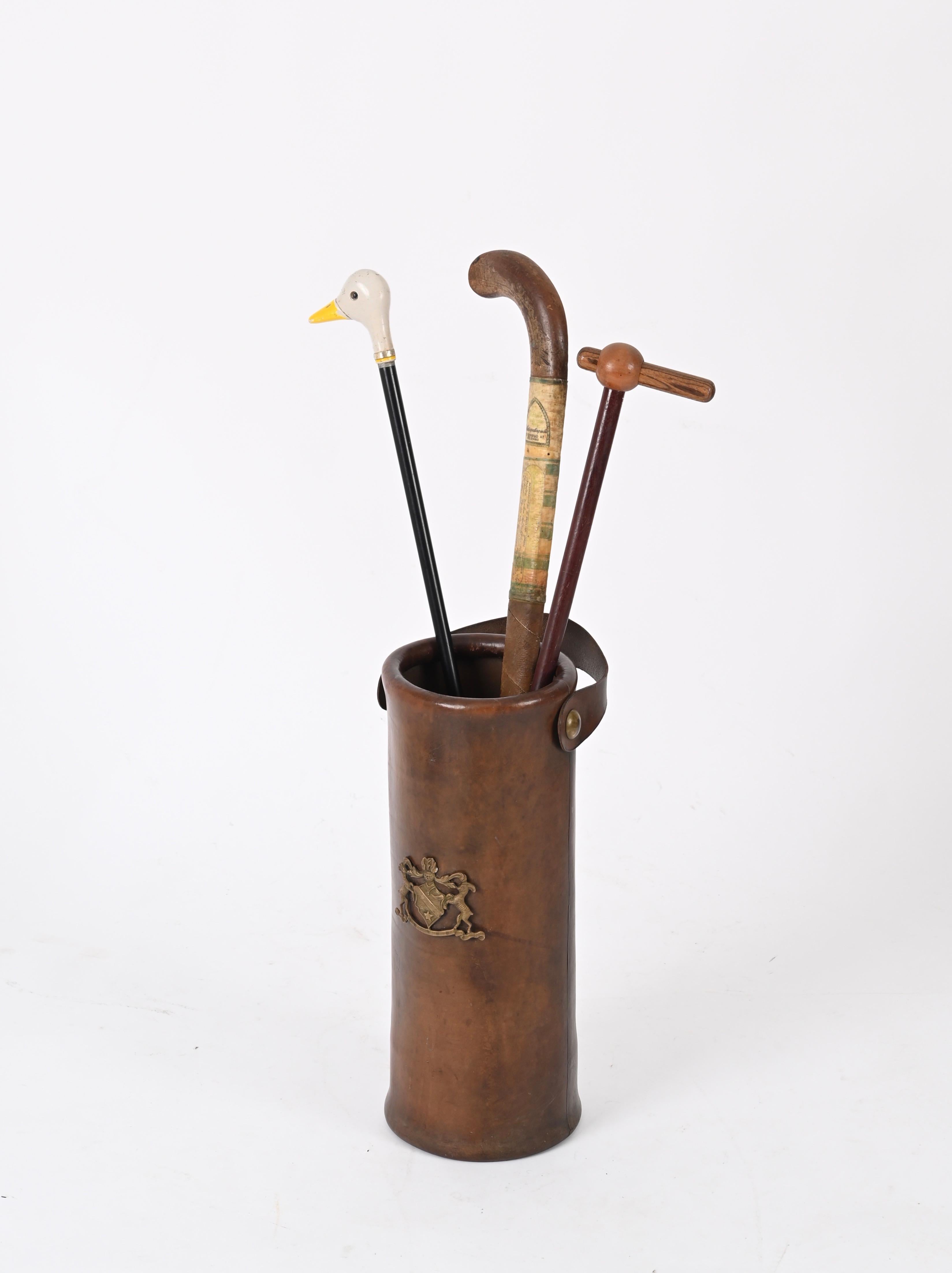Italian Mid-Century Leather and Brass Umbrella or Walking Stick Stand,  Italy 1950s