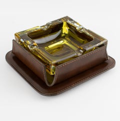 Mid-Century Leather and Crystal Ashtray Catchall Desk Tidy, circa 1950