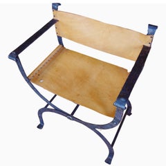 Mid-Century Leather and Iron Folding Curule Chair