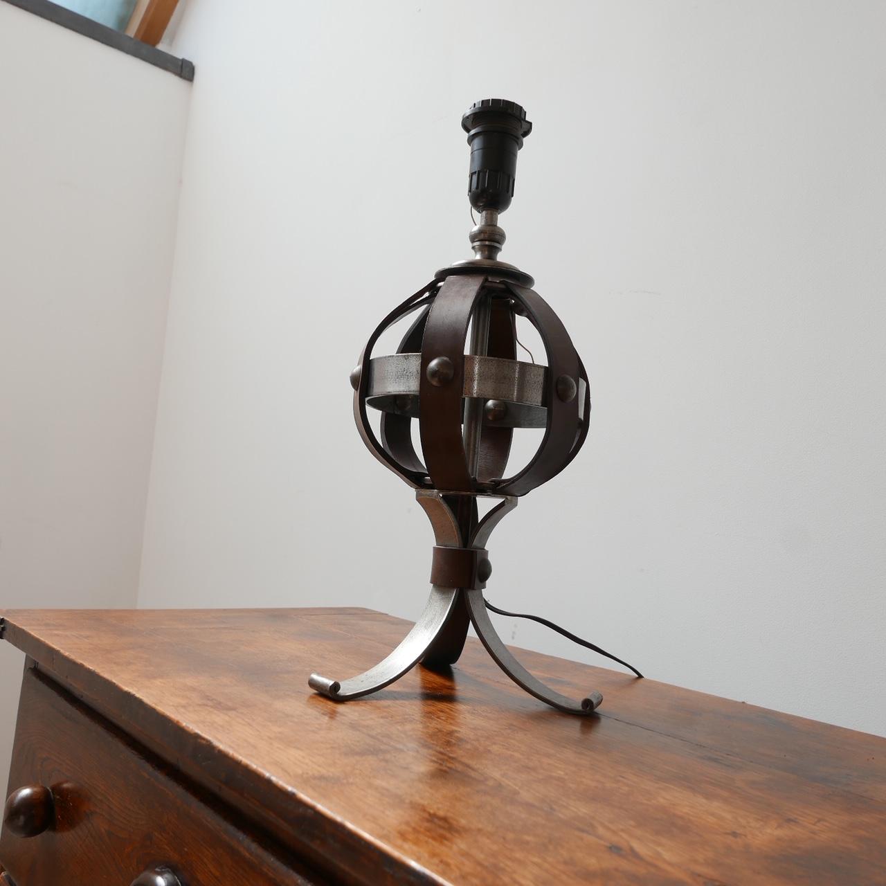 French Mid-Century Leather and Iron Table Lamp by Jean-Pierre Ryckaert For Sale
