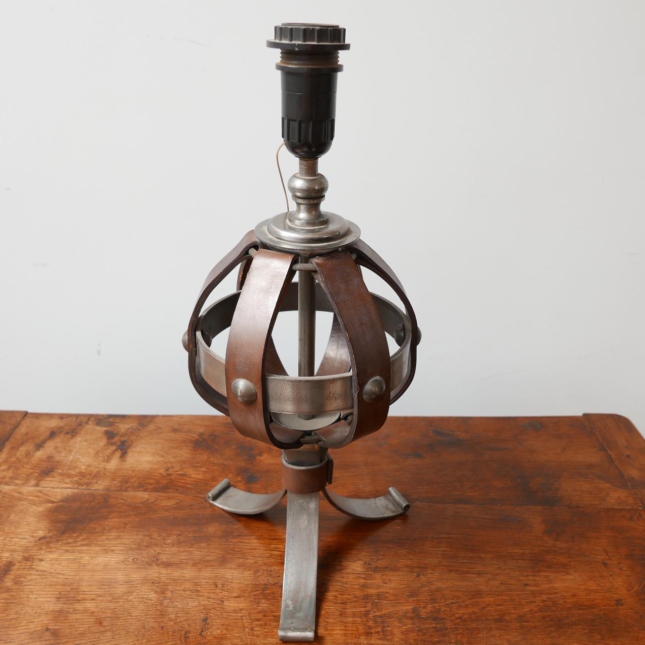 Mid-Century Leather and Iron Table Lamp by Jean-Pierre Ryckaert In Good Condition For Sale In London, GB
