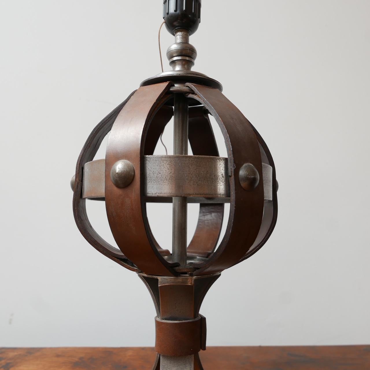 Mid-Century Leather and Iron Table Lamp by Jean-Pierre Ryckaert For Sale 1