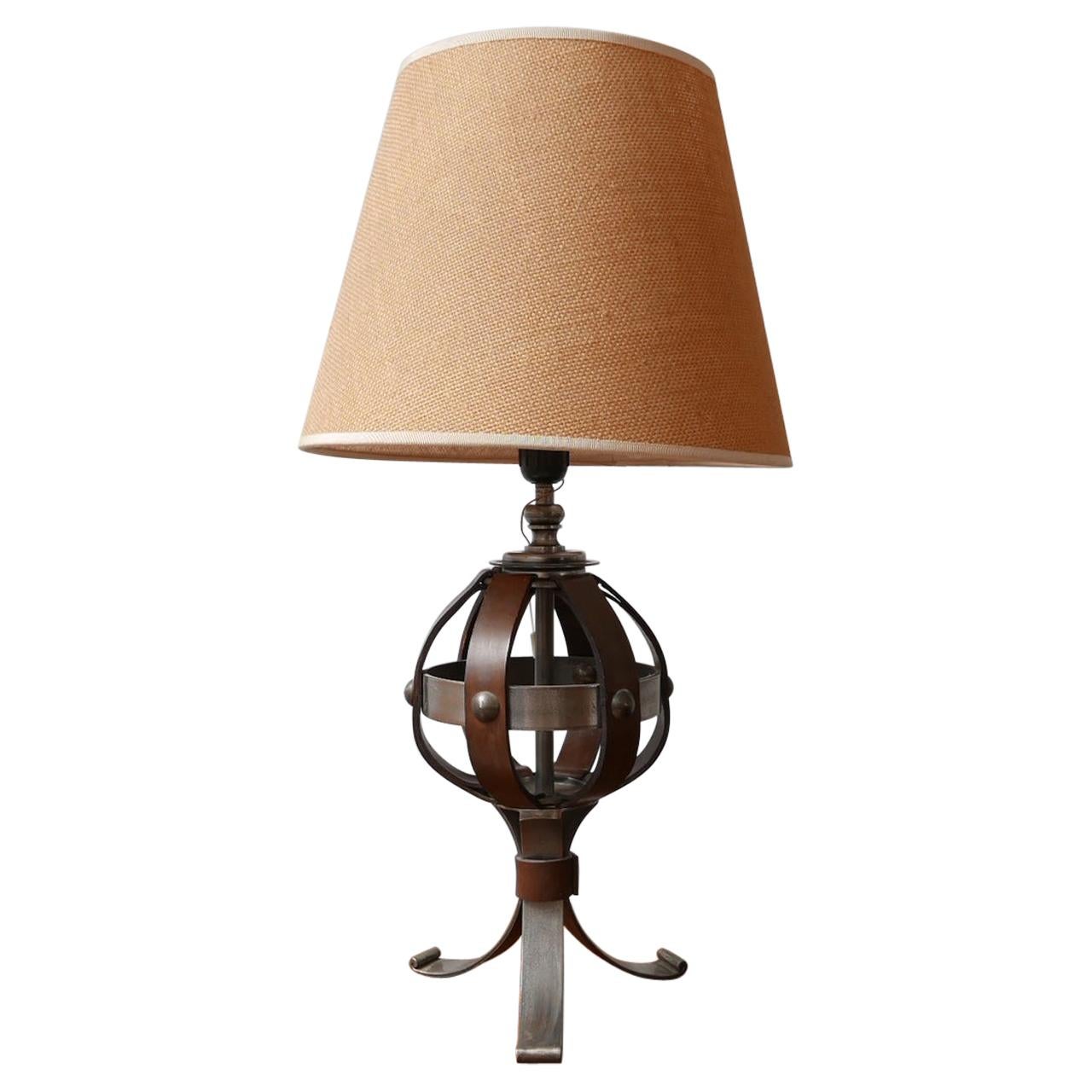 Mid-Century Leather and Iron Table Lamp by Jean-Pierre Ryckaert For Sale