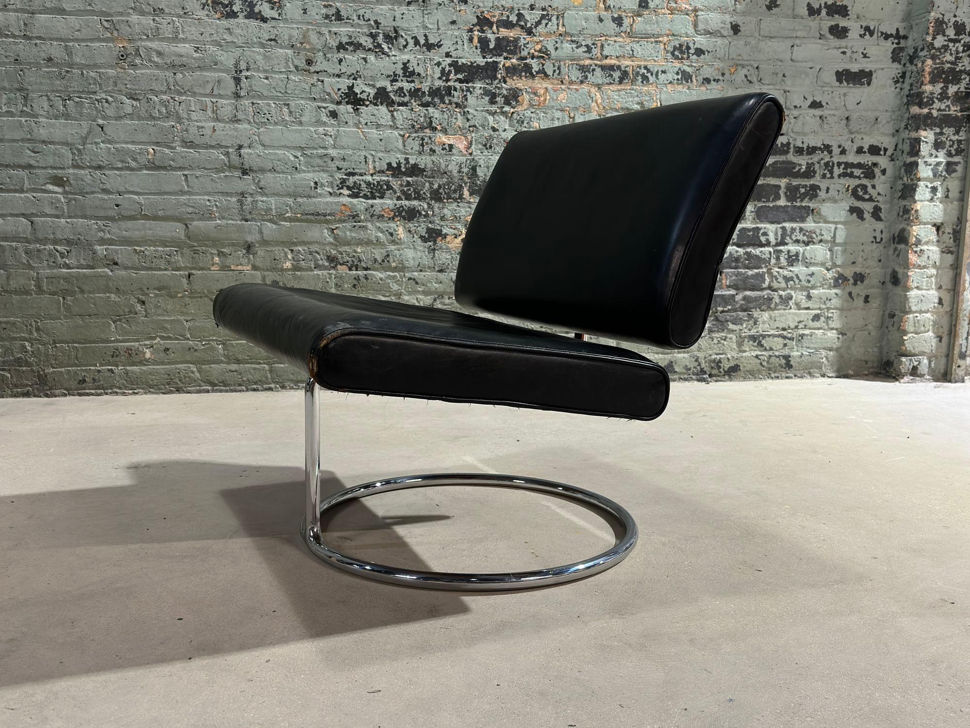 American Mid Century Leather and Stainless Steel Cantilever Lounge Chair, 1960 For Sale