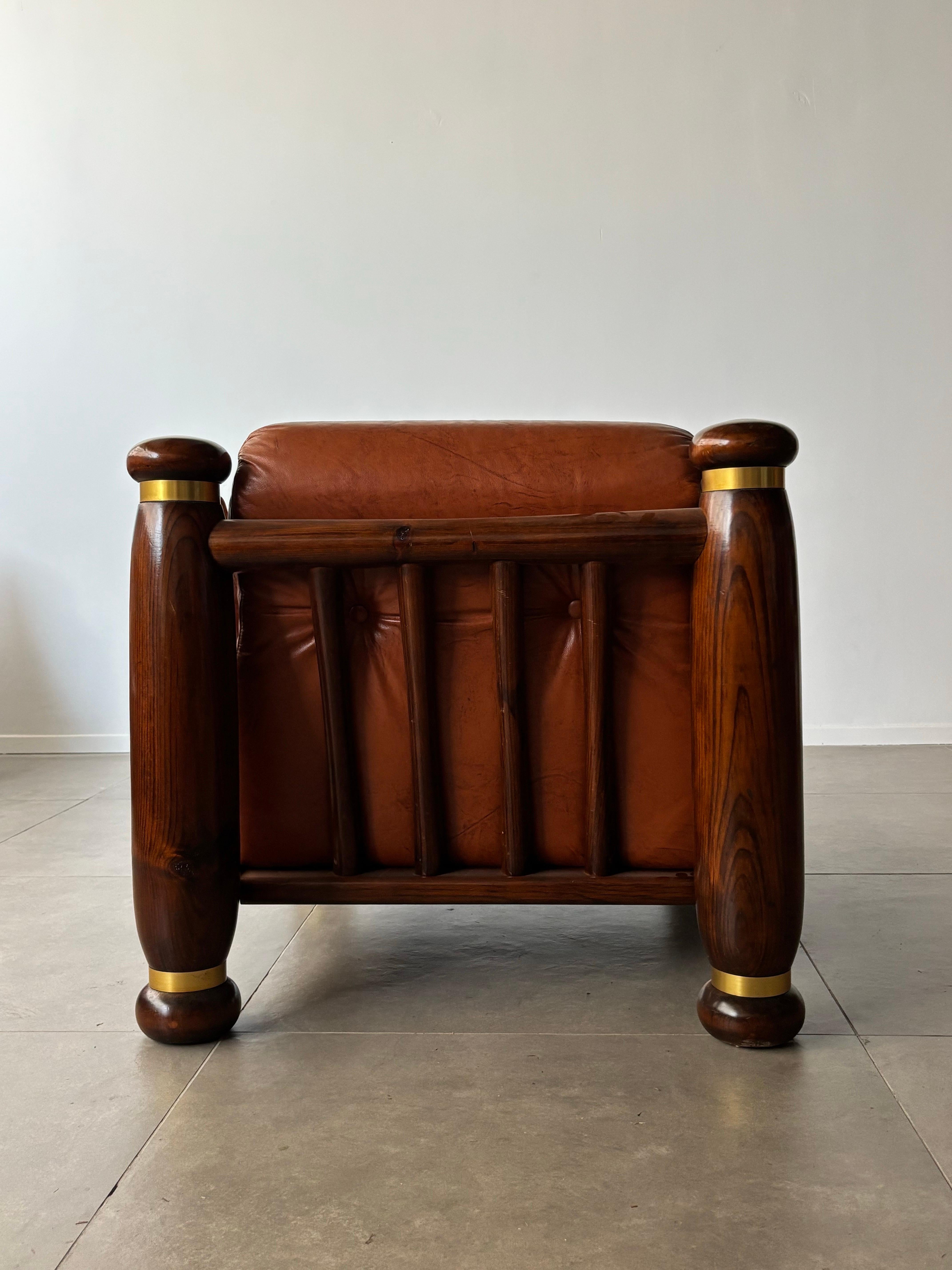 Mid-century leather and wood armchairs , Italy 1970s For Sale 5