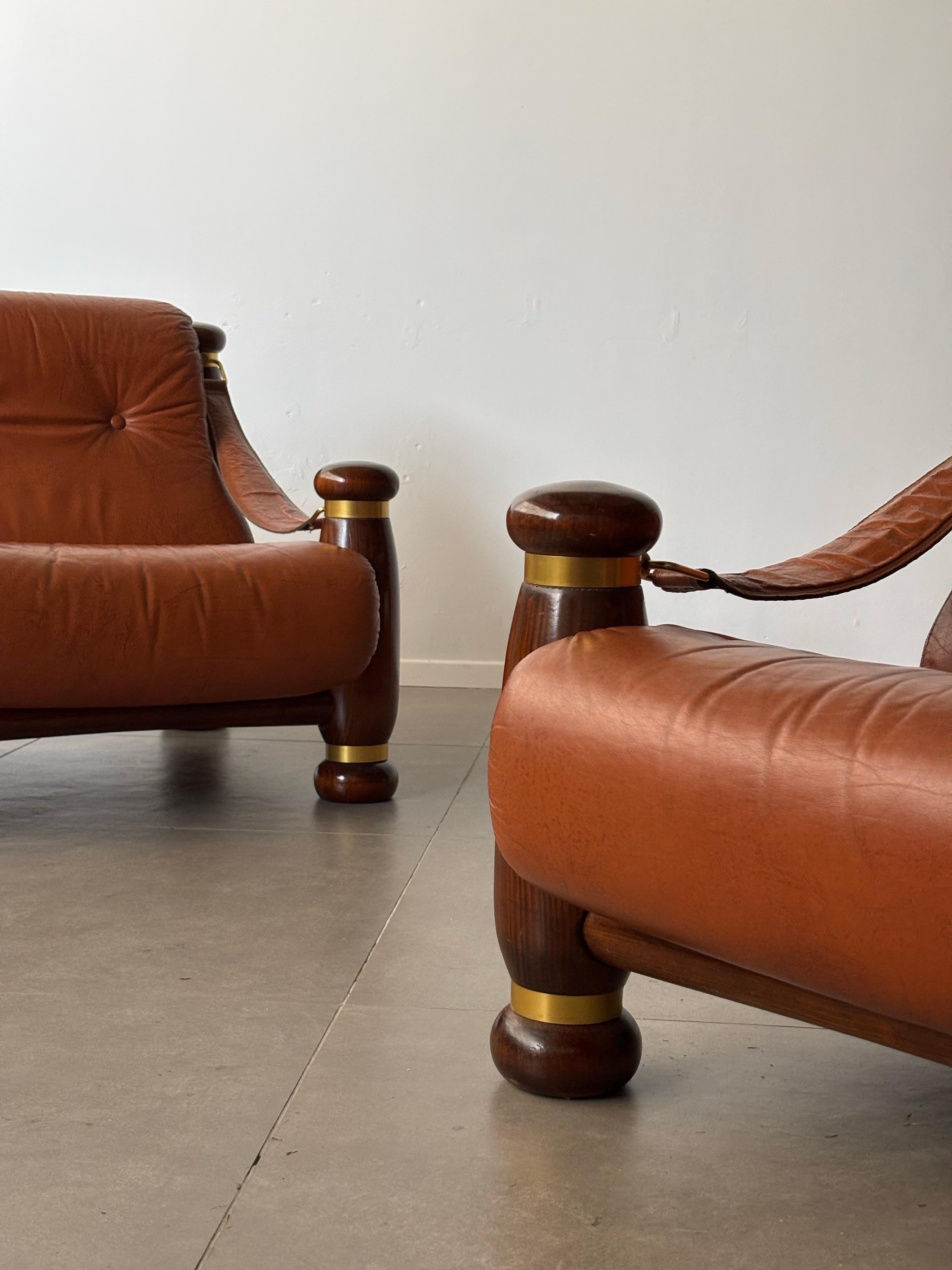 Brass Mid-century leather and wood armchairs , Italy 1970s For Sale