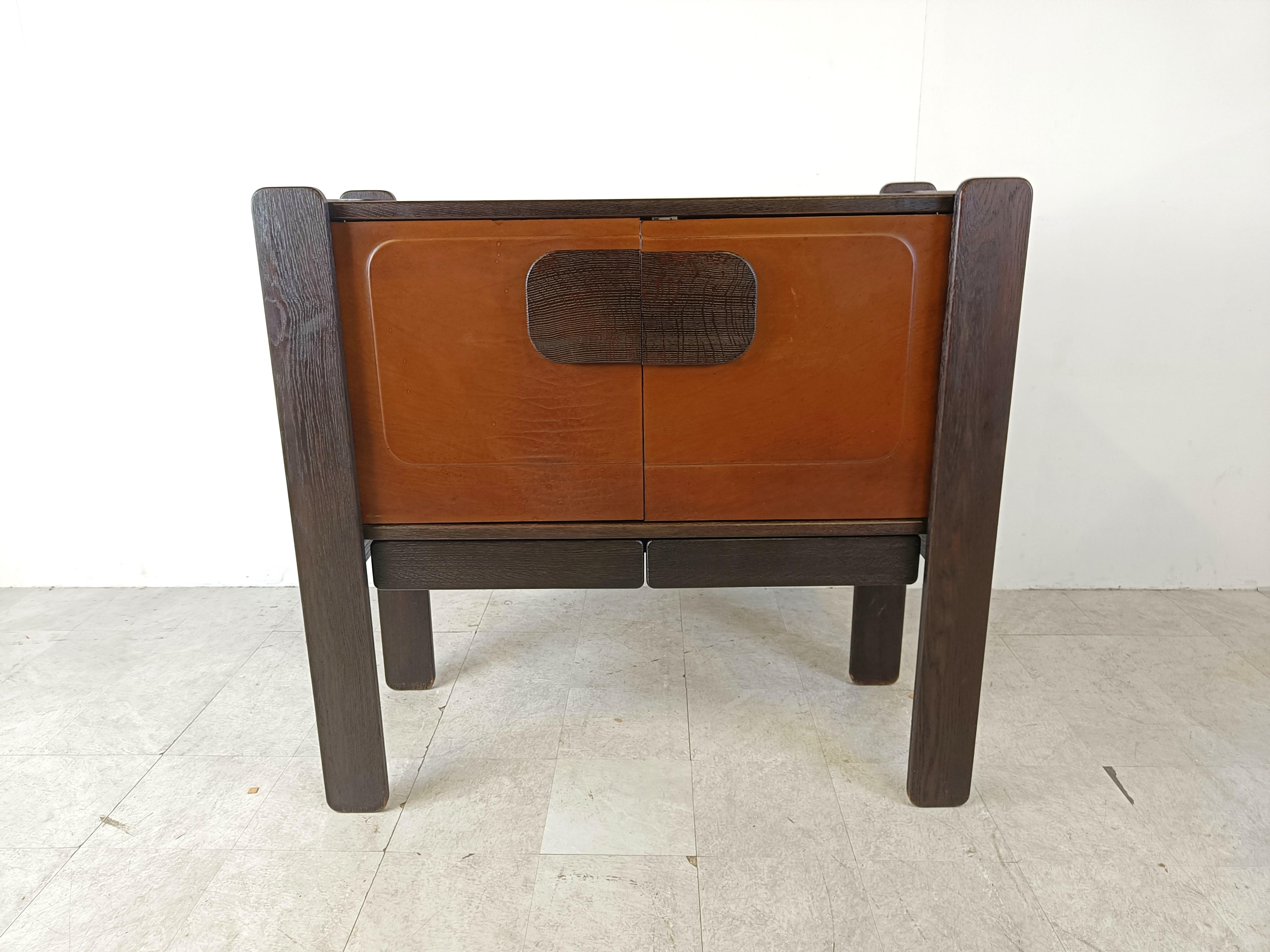 Belgian Mid century leather and wood bar cabinet by Hi plan, 1960s For Sale