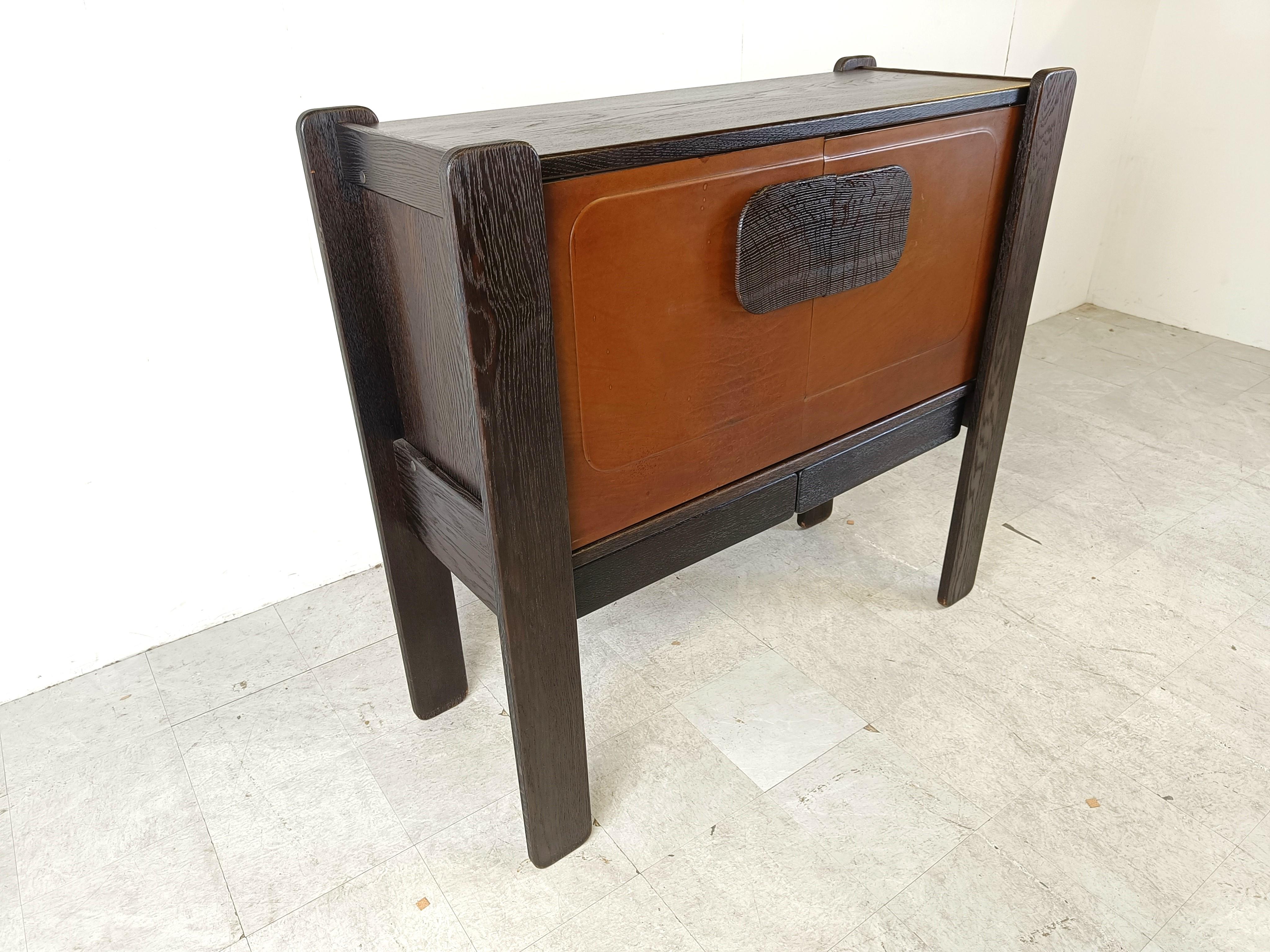 Mid-20th Century Mid century leather and wood bar cabinet by Hi plan, 1960s For Sale