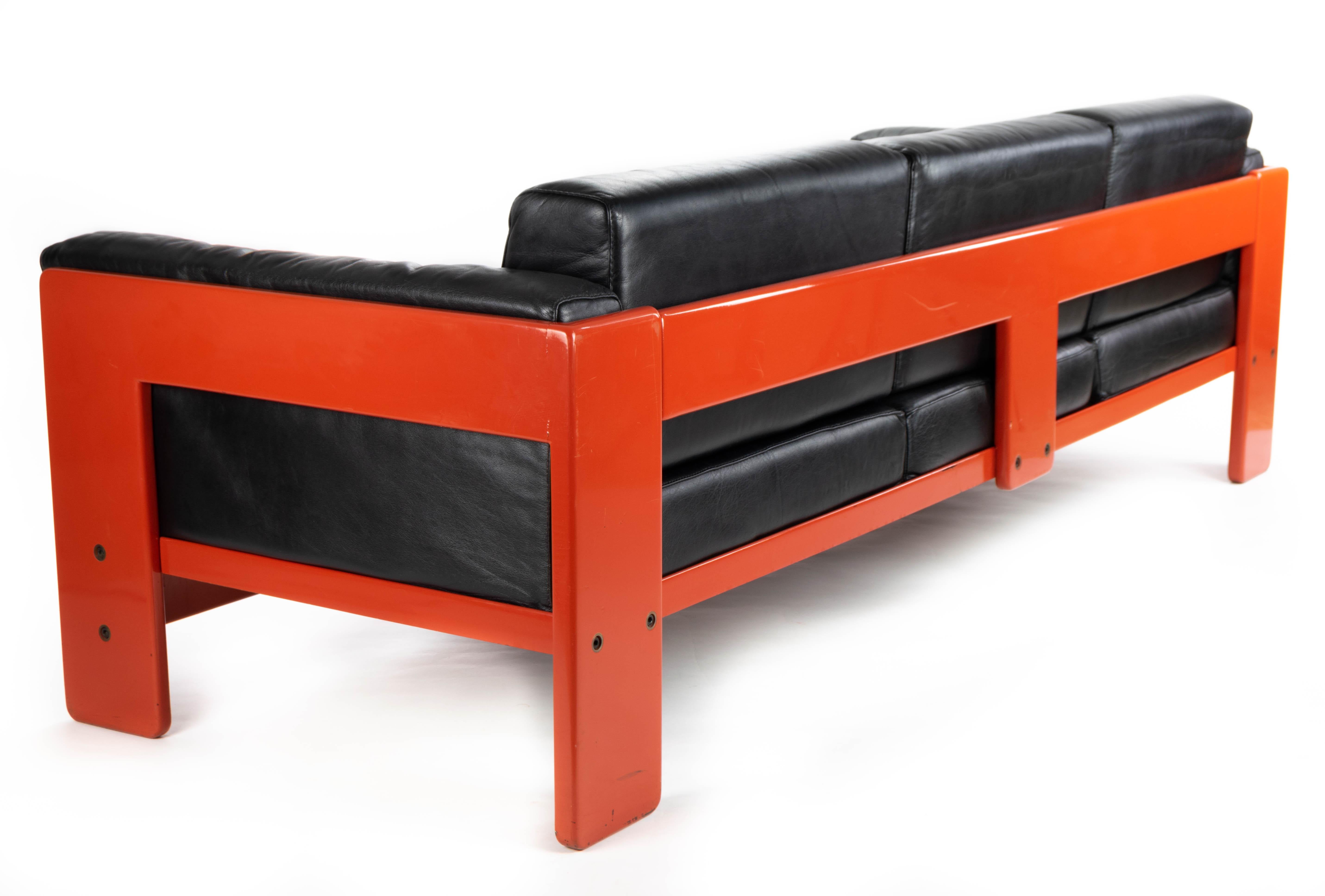 Italian Midcentury Leather and Wood Bastiano Three-Seat Sofa by Afra & Tobia for Gavina