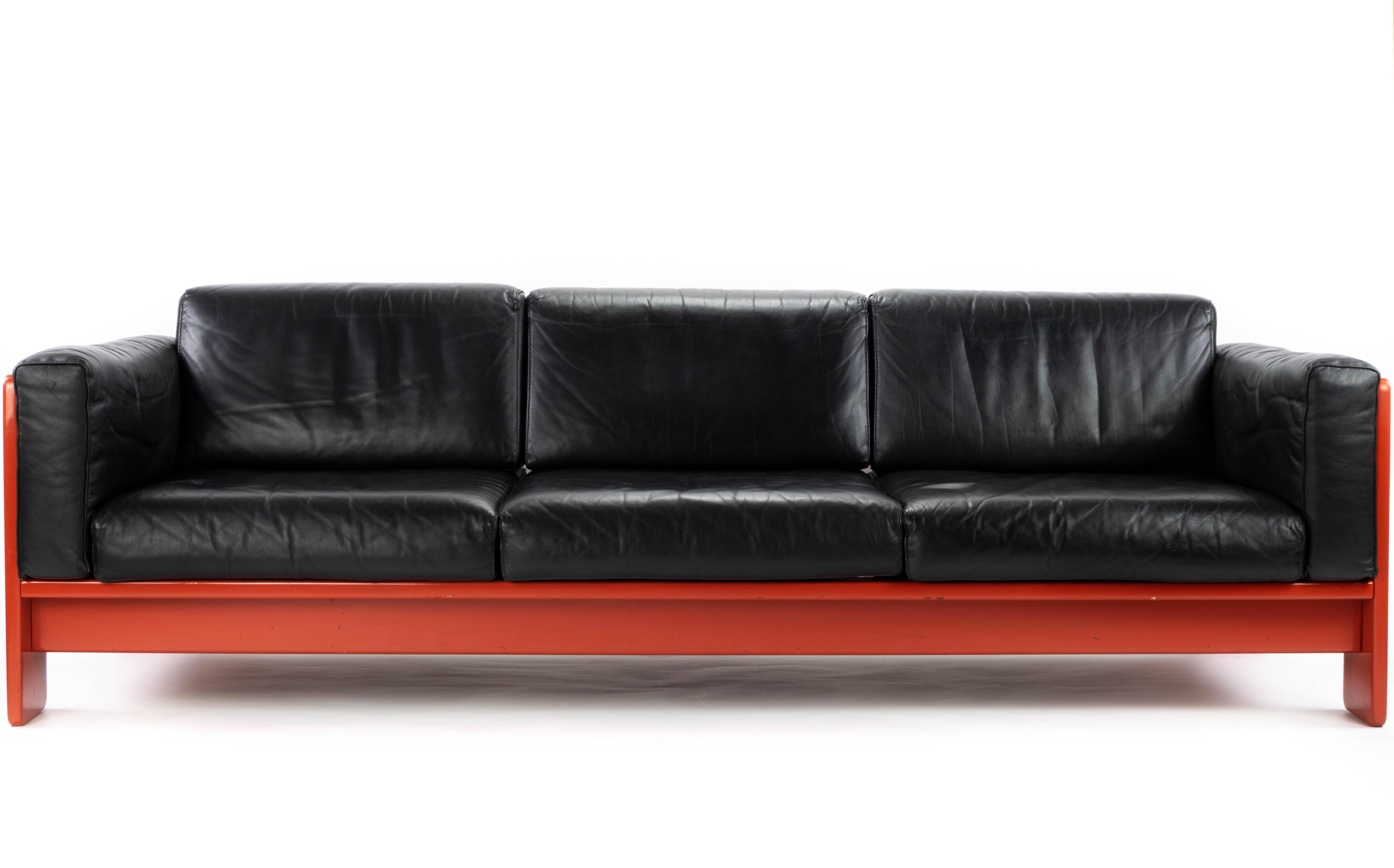 Mid-20th Century Midcentury Leather and Wood Bastiano Three-Seat Sofa by Afra & Tobia for Gavina