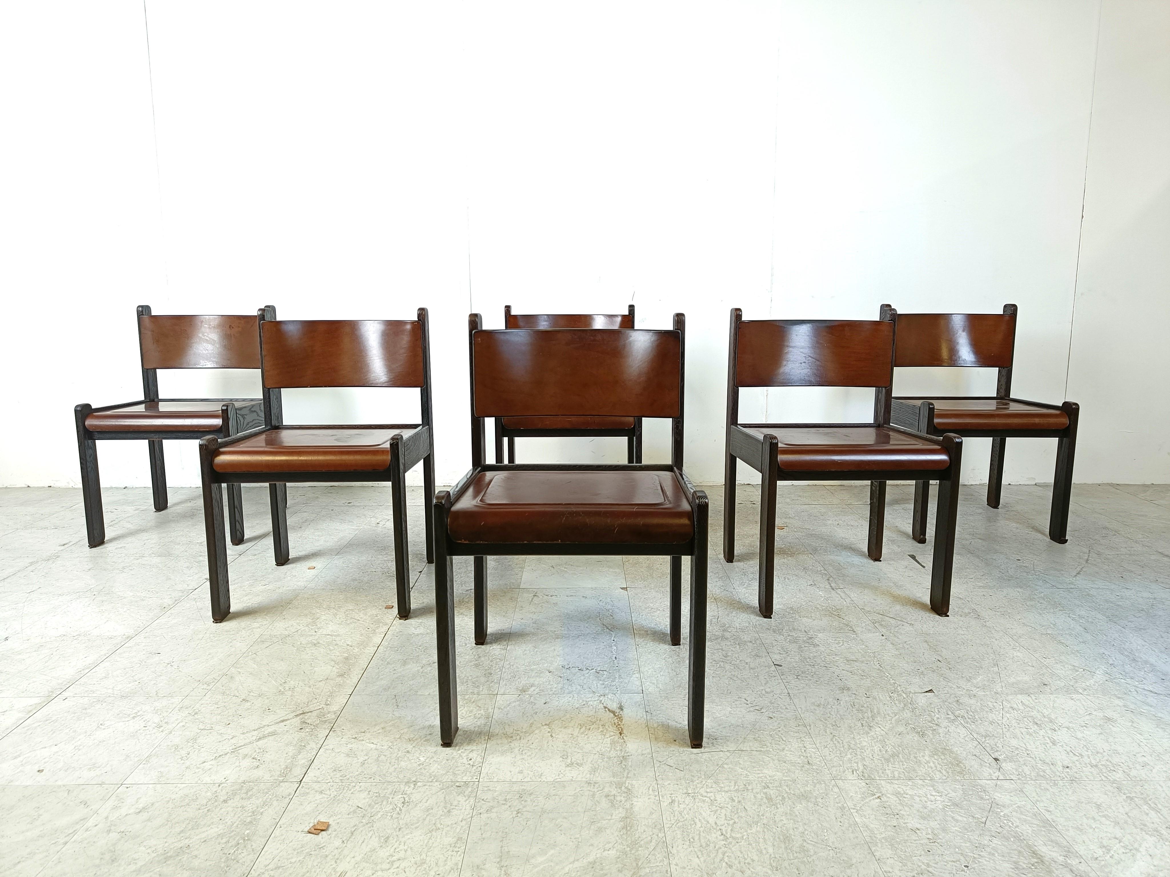 Belgian Mid century leather and wood dining chairs, 1960s 
