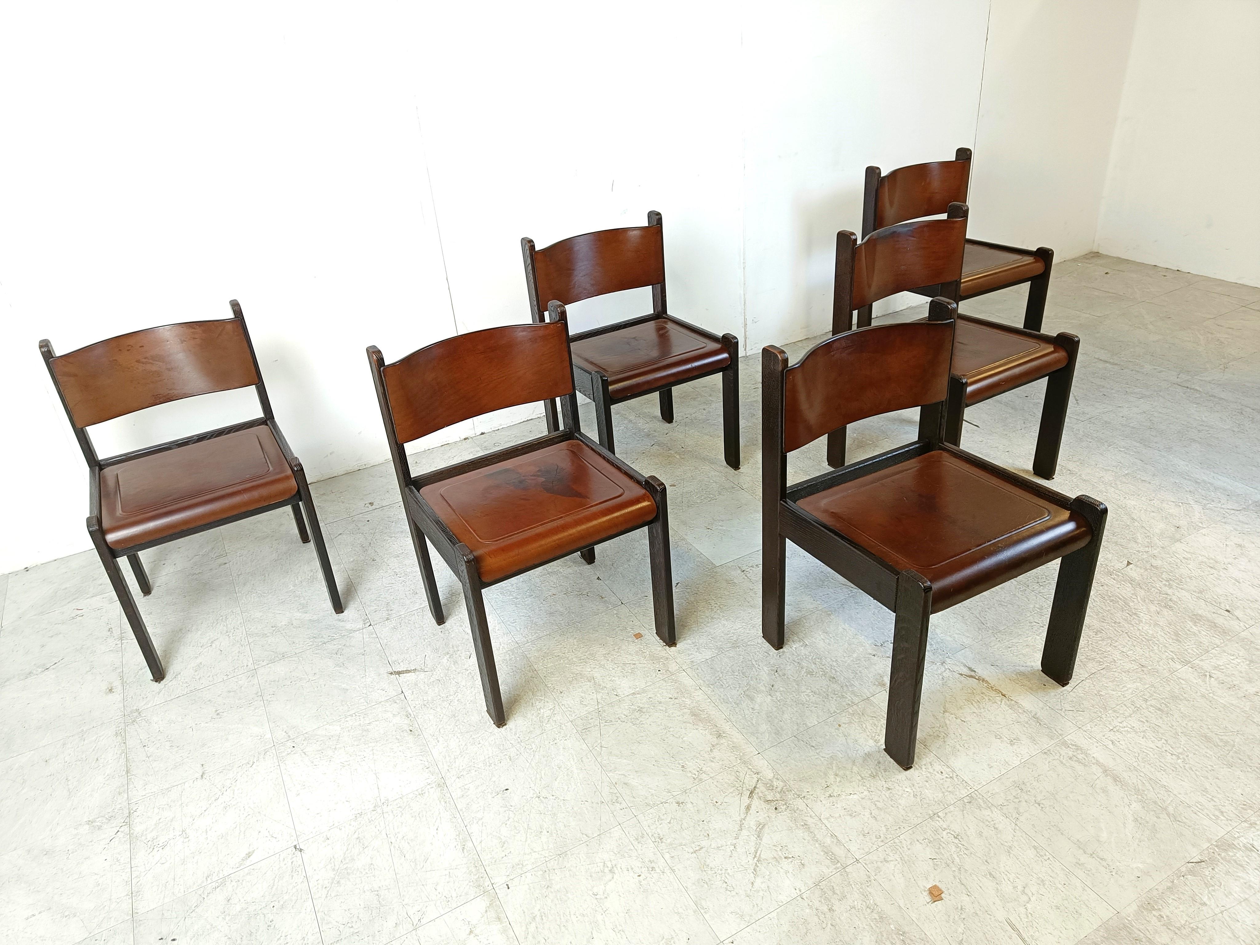 Mid-20th Century Mid century leather and wood dining chairs, 1960s 