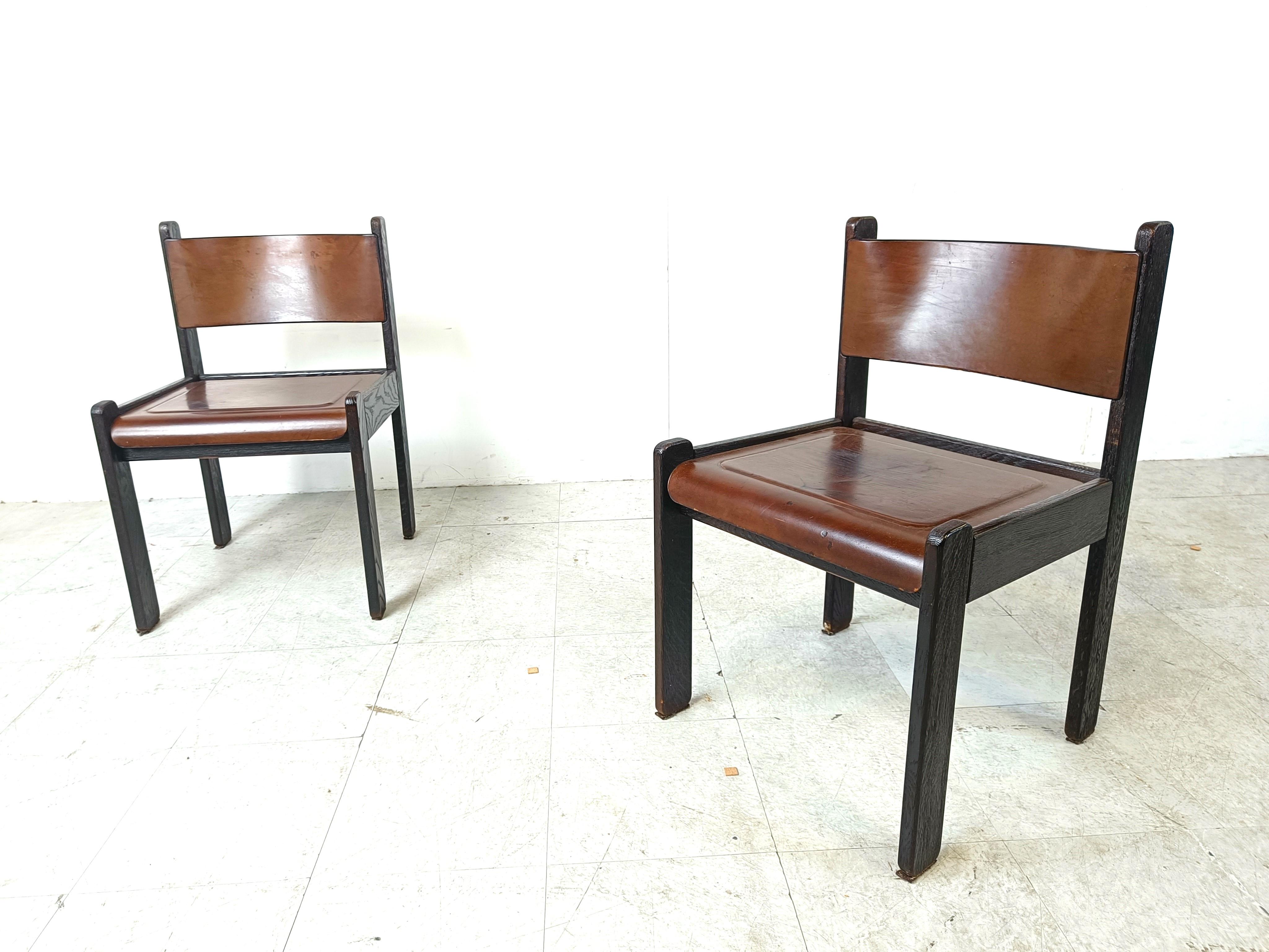 Mid century leather and wood dining chairs, 1960s  1