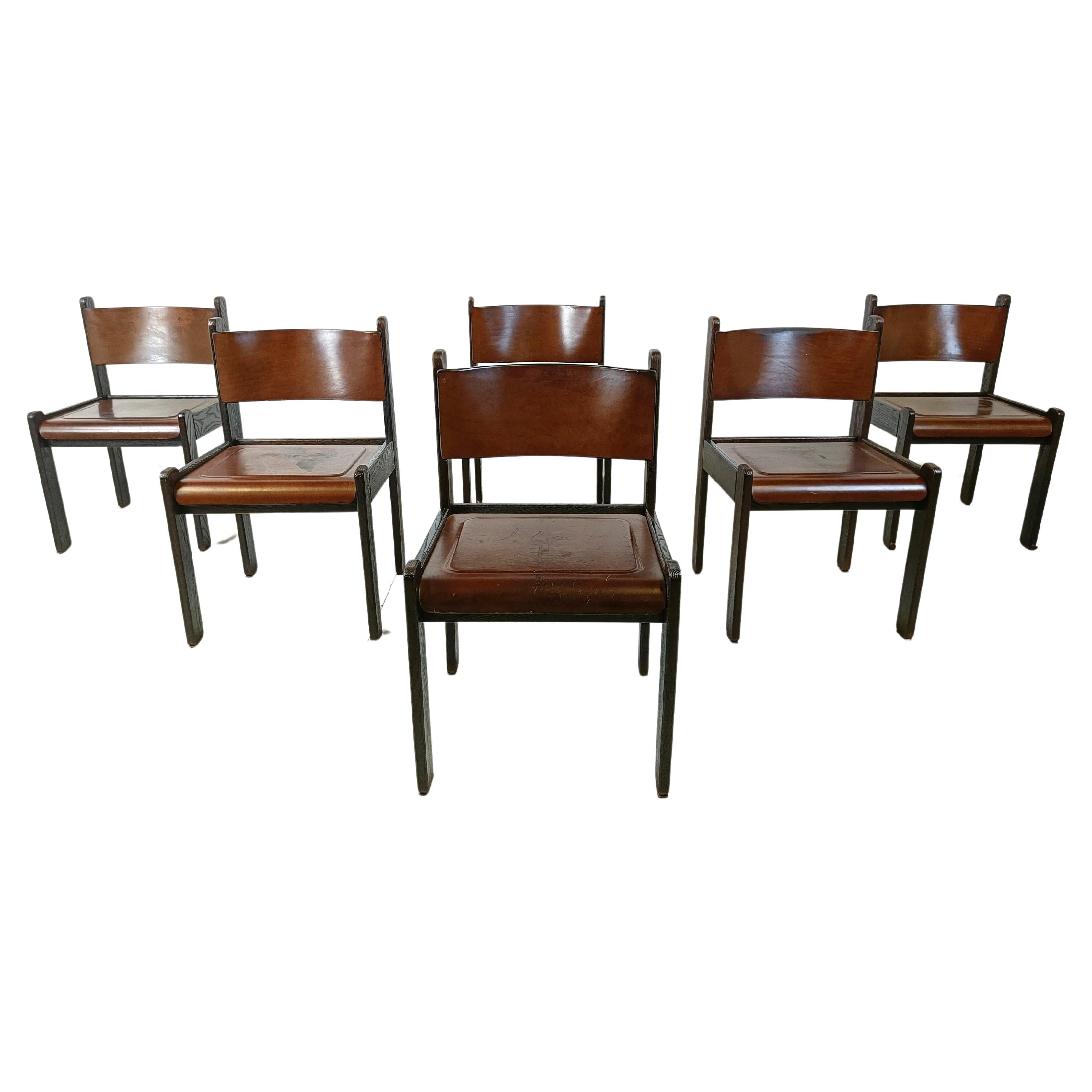 Mid century leather and wood dining chairs, 1960s 