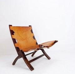 Poltrona pieghevole di metà secolo in pelle e legno, anni '50