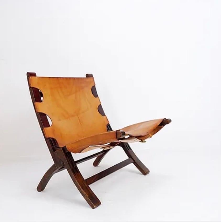 Danish Mid century leather and wood folding armchair, 1950s For Sale