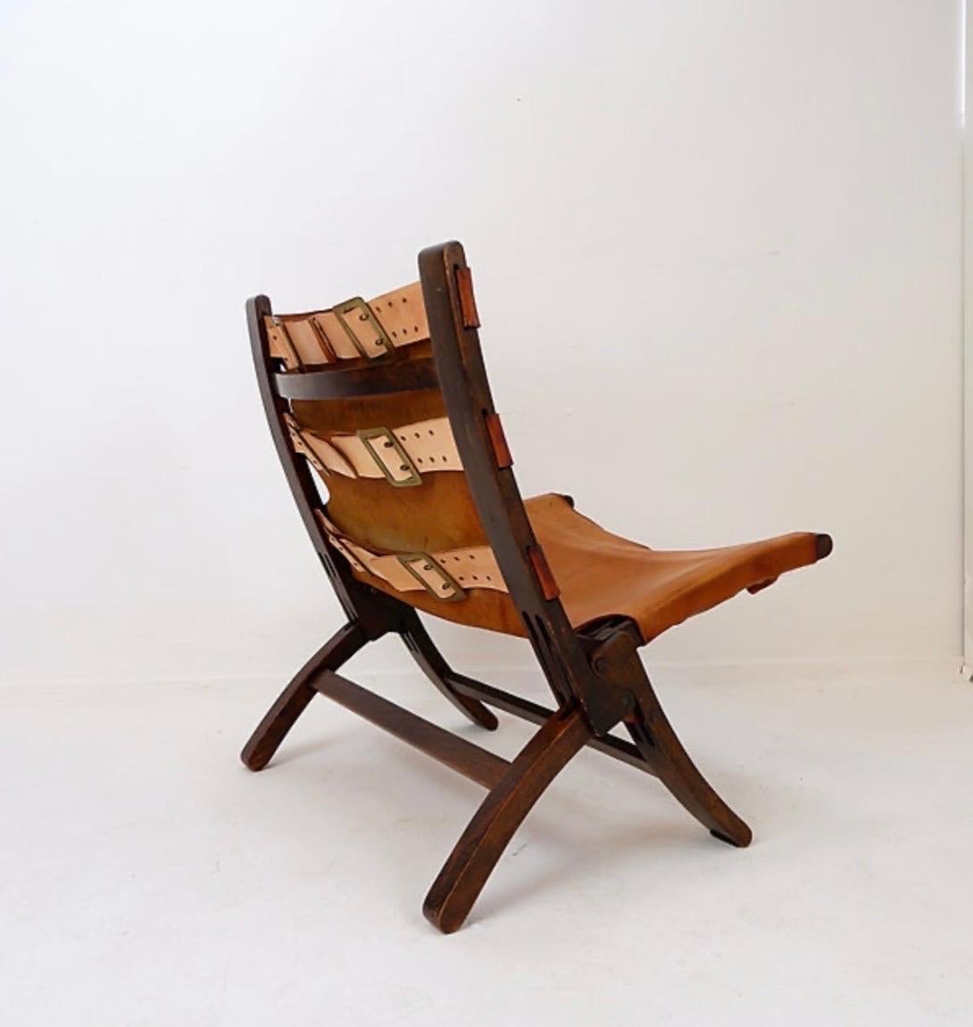 Mid-20th Century Mid century leather and wood folding armchair, 1950s For Sale