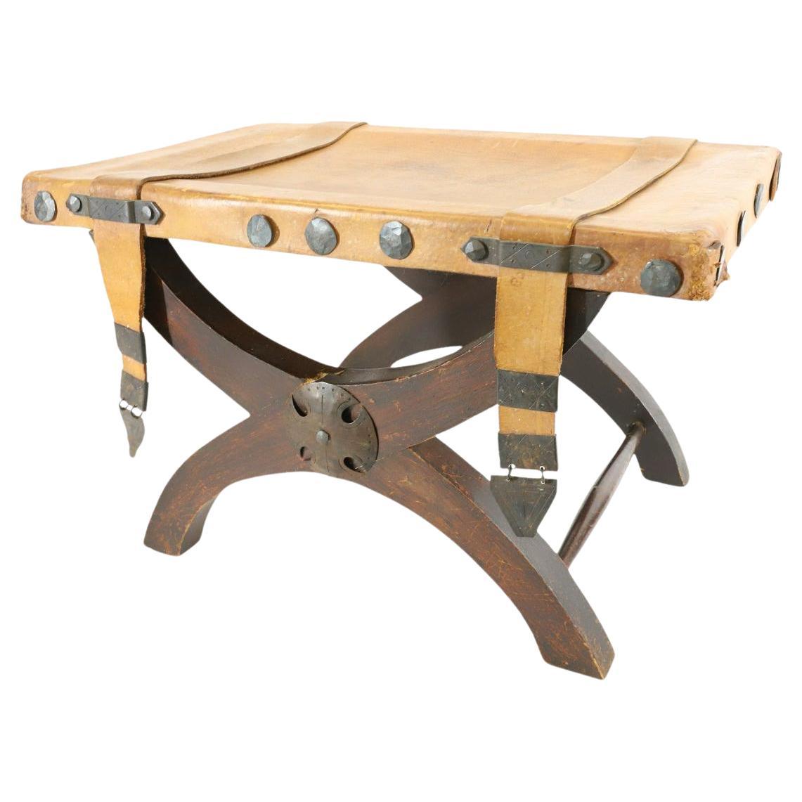 Mid century leather and wood Spanish revival stool made in Mexico