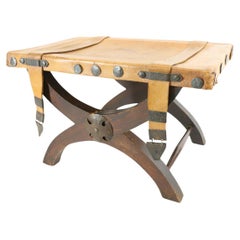 Mid century leather and wood Spanish revival stool made in Mexico