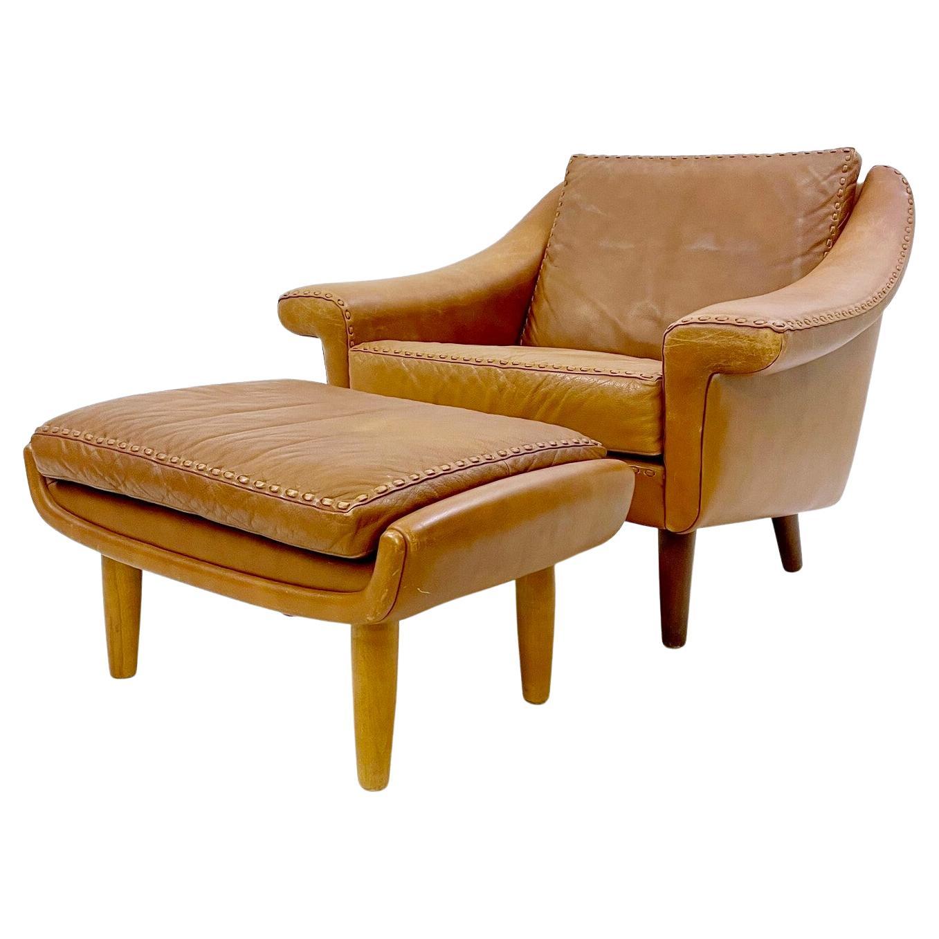 Mid-Century Leather Armchair with Ottoman ''Matador" by Aage Christiansen, 1970 For Sale