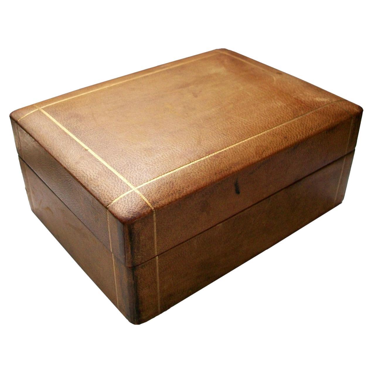 Midcentury Leather Box - Gilded Details - Wood Lined - Italy - circa 1950s For Sale