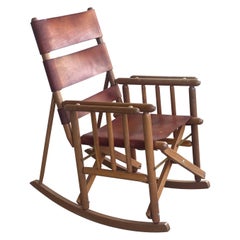 Mid Century Leather Campaign Style Rocking Chair