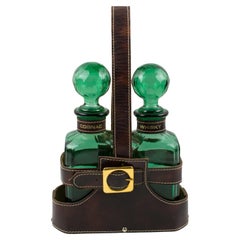 Mid-Century Leather Case Tantalus with Two Glass Decanters, 1960s