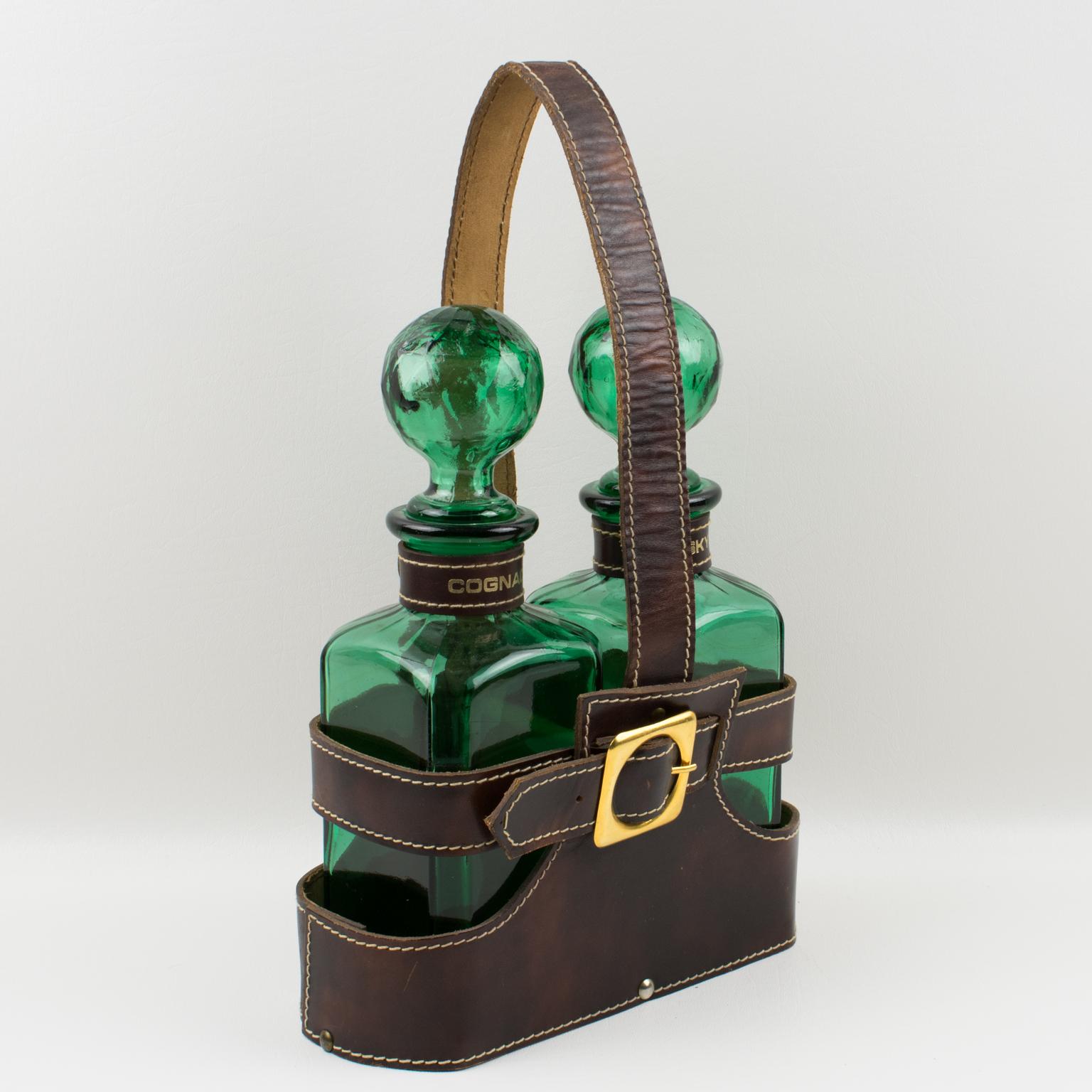 French Mid-Century Leather Case Tantalus with Two Green Glass Decanters, 1960s For Sale